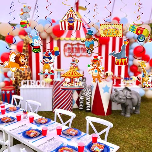 Image of 58 Pcs Carnival Hanging Swirl Decorations Circus Animal Party Supplies circus theme party decorations Baby Shower Decor Ceiling Circus Streamers for First Bday Circus Birthday Party Favors