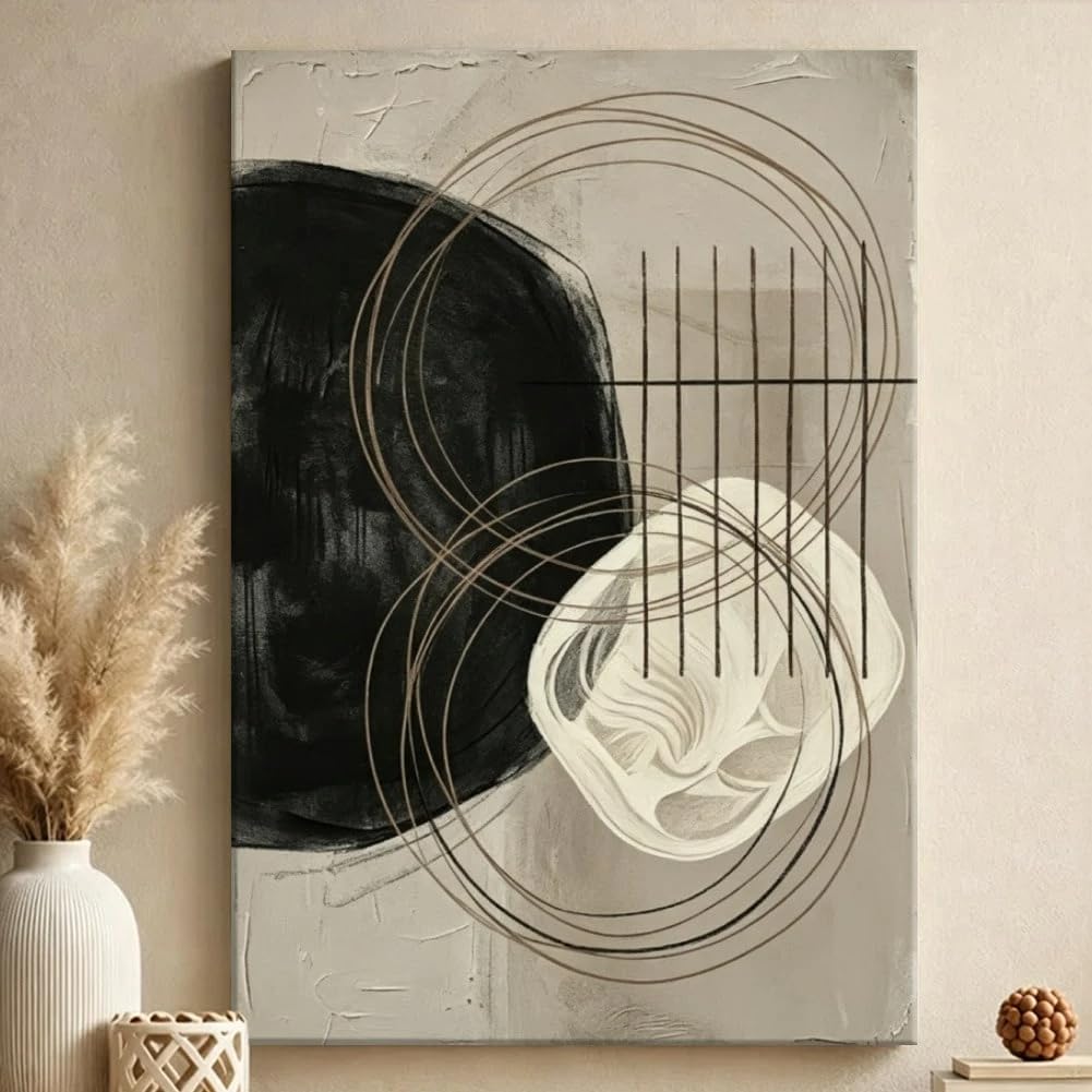 Cuadro abstracto en blanco y negro sobre lienzo, ideal para la decoración del hogar (70x120cm/Sin marco)
