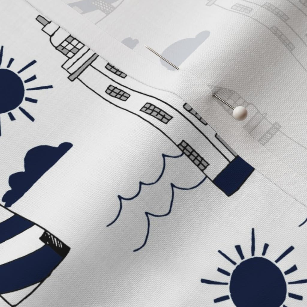 Spoonflower Fabric - Navy White Summer Nautical Ocean Sea Lighthouse Kids Printed on Petal Signature Cotton Fabric by The Yard - Sewing Quilting Apparel Crafts Decor