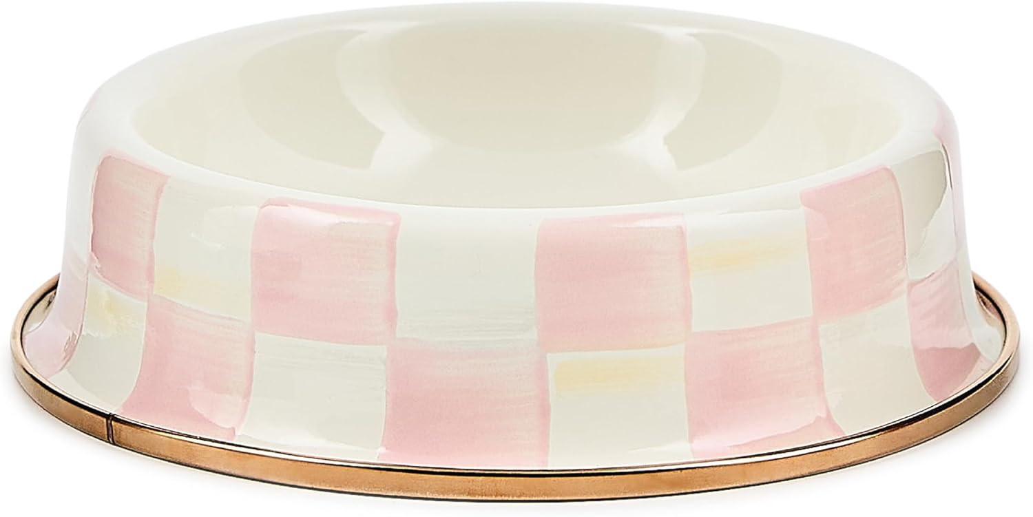 MACKENZIE-CHILDS Enamel Pet Bowl, Cute Cat and Dog Bowl for Food and Water, Small, Pink-and-White Rosy Check