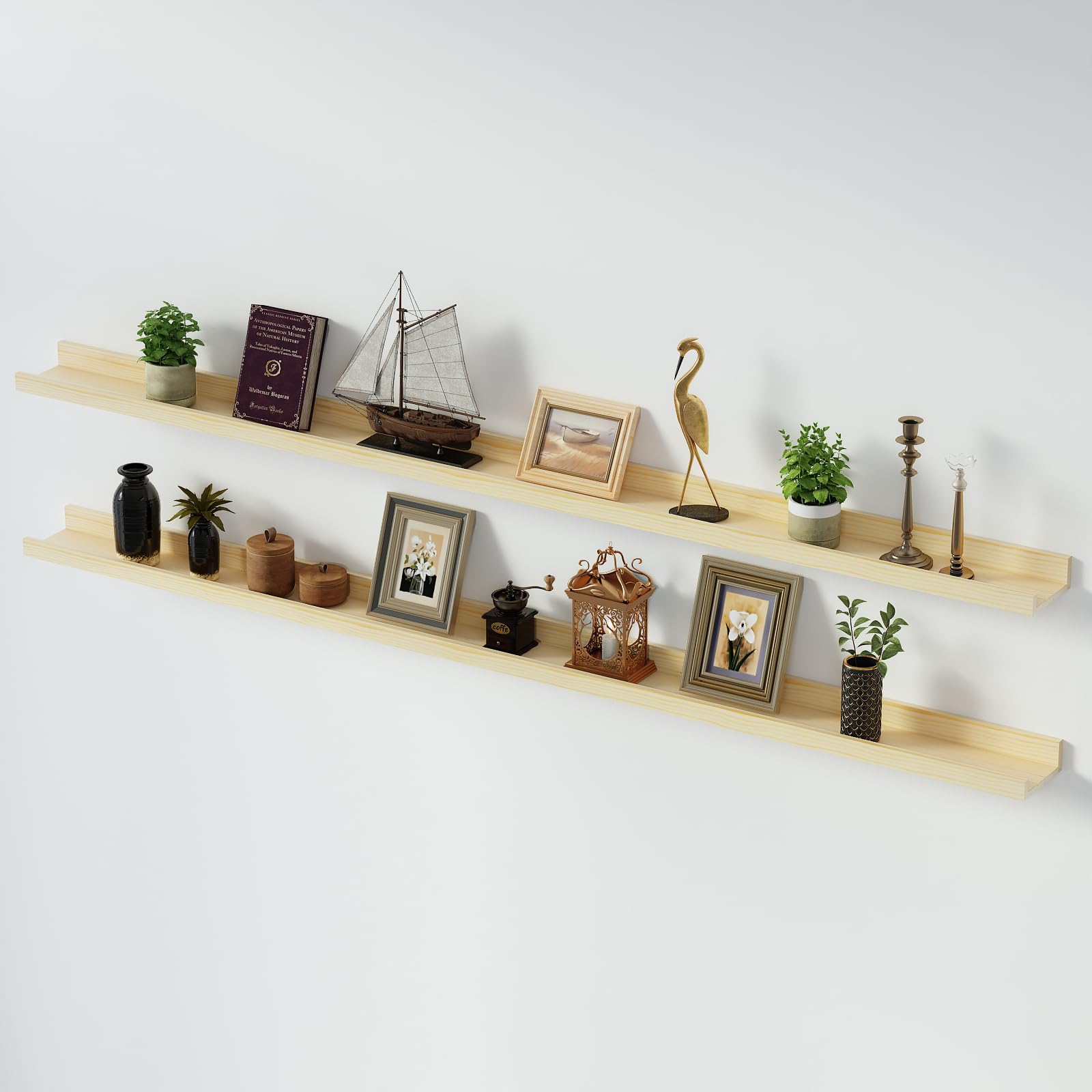 SAUMONIERES Picture Ledge Shelf Floating Book Shelves Set of 2 Wall Mounted Solid Wood for Bedroom Bathroom Living Room Kitchen, 72 Inch Natural