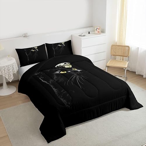 Miniatura 3 de Erosebridal Juego de edredón de gato tamaño King, juego de ropa de cama de gato negro para niños y niñas, edredón elegante para mascotas, ligero y