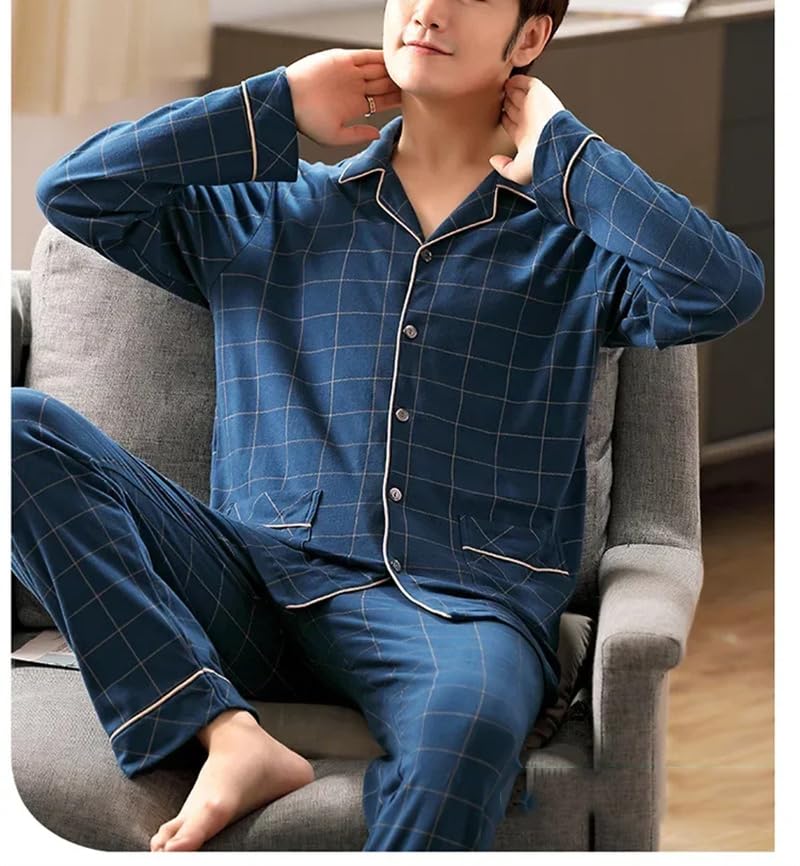 Men's Pajama Sets Simple Sleepwear Long Sleeve Cotton Top Pant Leisure Outwear Soft Loungewear 01 4XL2