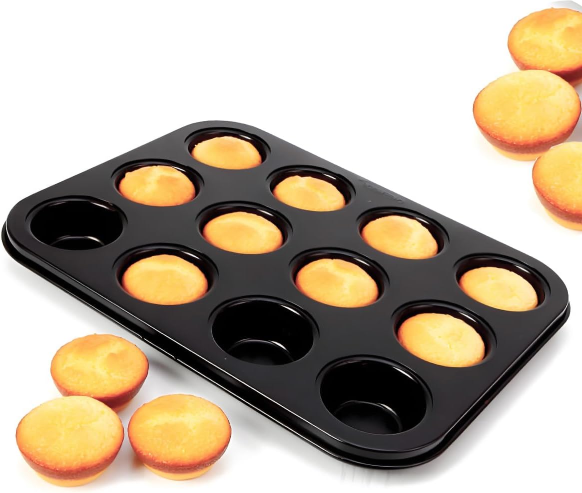 1 Pack Round Muffin Baking Pan, Premium Steel Muffin Pan for Baking, Cupcake Tin Cheesecake Pans, Bakeware Muffin Top Pan (12 Cups,Black)
