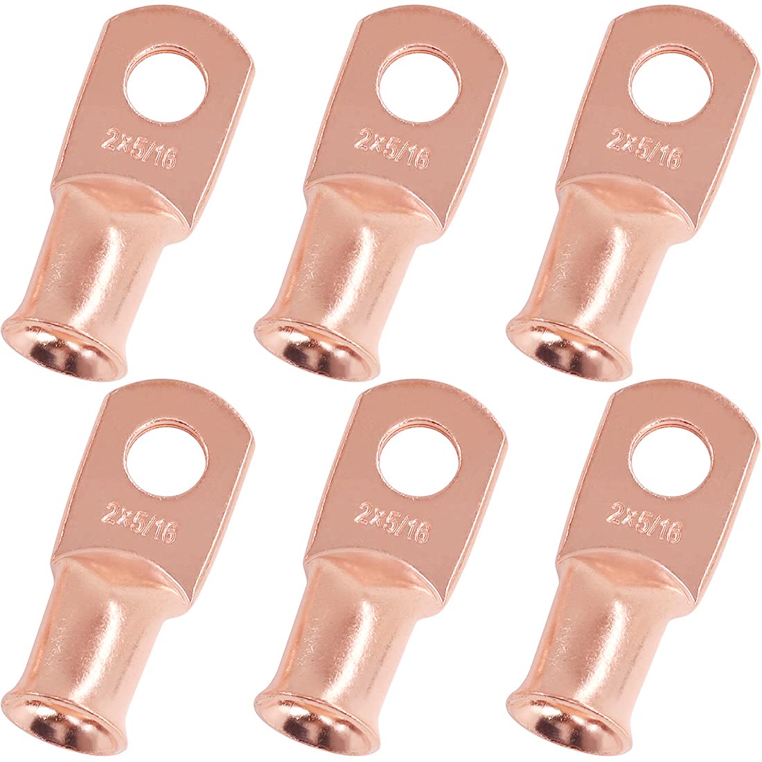 Swpeet 6Pcs 2 AWG - 5/16" (M8) Ring Terminals UL Listed Copper Battery Cable Lugs, Wire Ends Bare Copper Eyelets, Tubular Ring Ends for Enhanced High Temperature