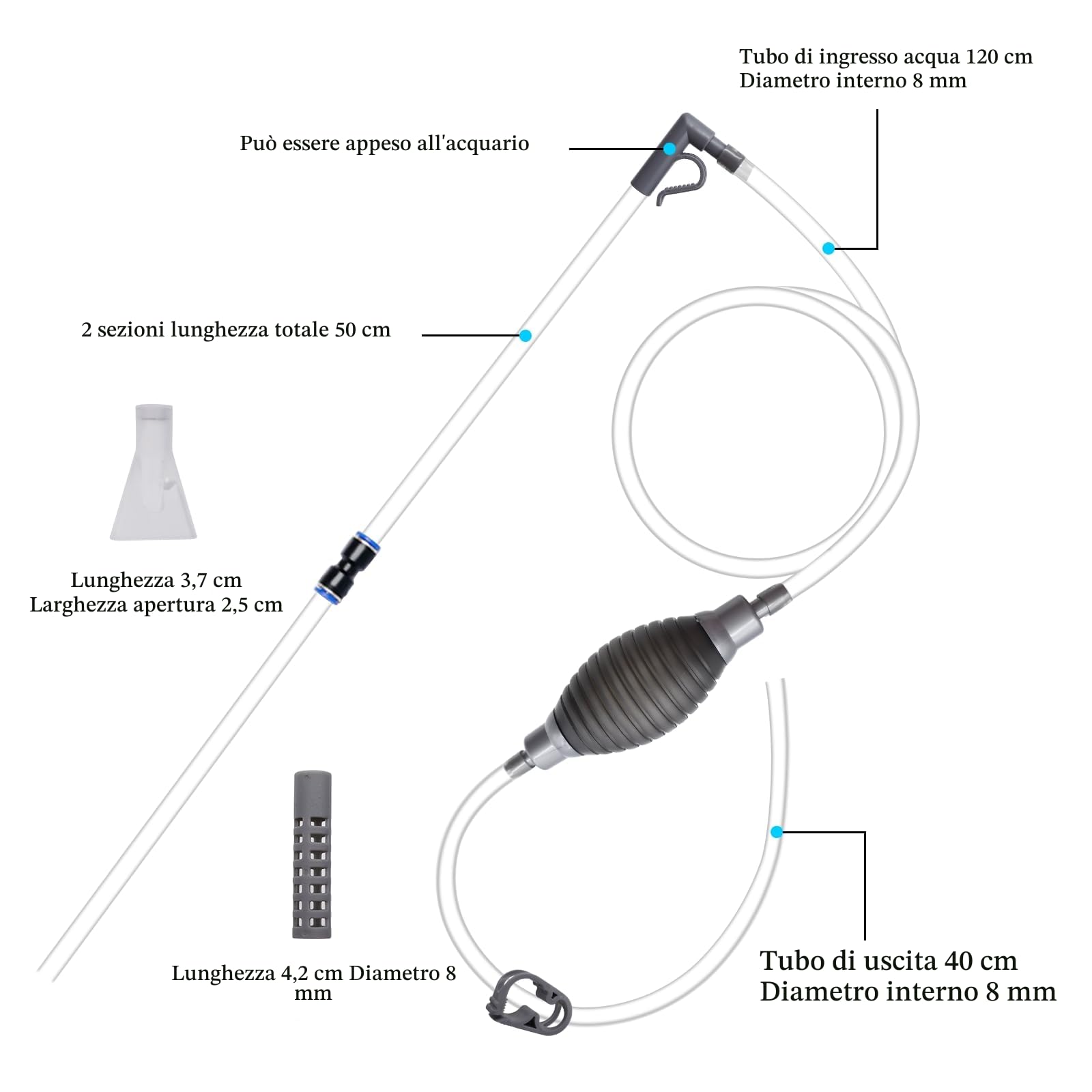 CONNECTION 7 Pezzi Aspiratore Acquario 2.2M Pompa Pulizia Acquario Sifone Acquario Cambio d'Acqua per Acquario Aspirarifiuti Acquario Pulitore Acquario per Pulizia della Sabbia Cambio dell'Acqua