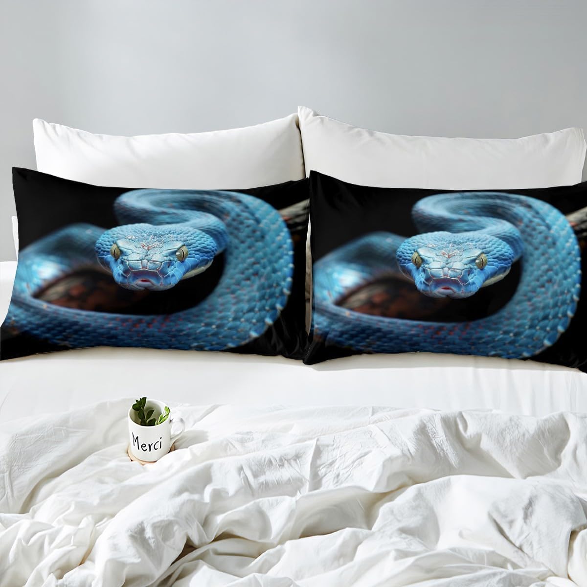 Blue Snake Bedding Set Twin Size 3D Snake Printed Bed Set for Girls Teens Bedroom Decor Kids Exotic Wild Animal Fitted Sheet Microfiber Reptile Tropical Theme Bed Cover(1 Fitted Sheet+1 Pillow Case)