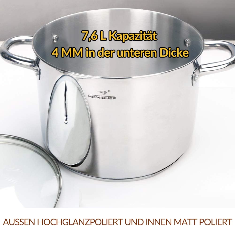 HOMICHEF Suppentopf 24,5 cm 7,6 Liter mit Deckel Nickelfreier Edelstahl - Hochglanzpolierter Suppentopf 7,6 L mit Deckel - Gesundes Kochgeschirr Topf 7,6 Liter