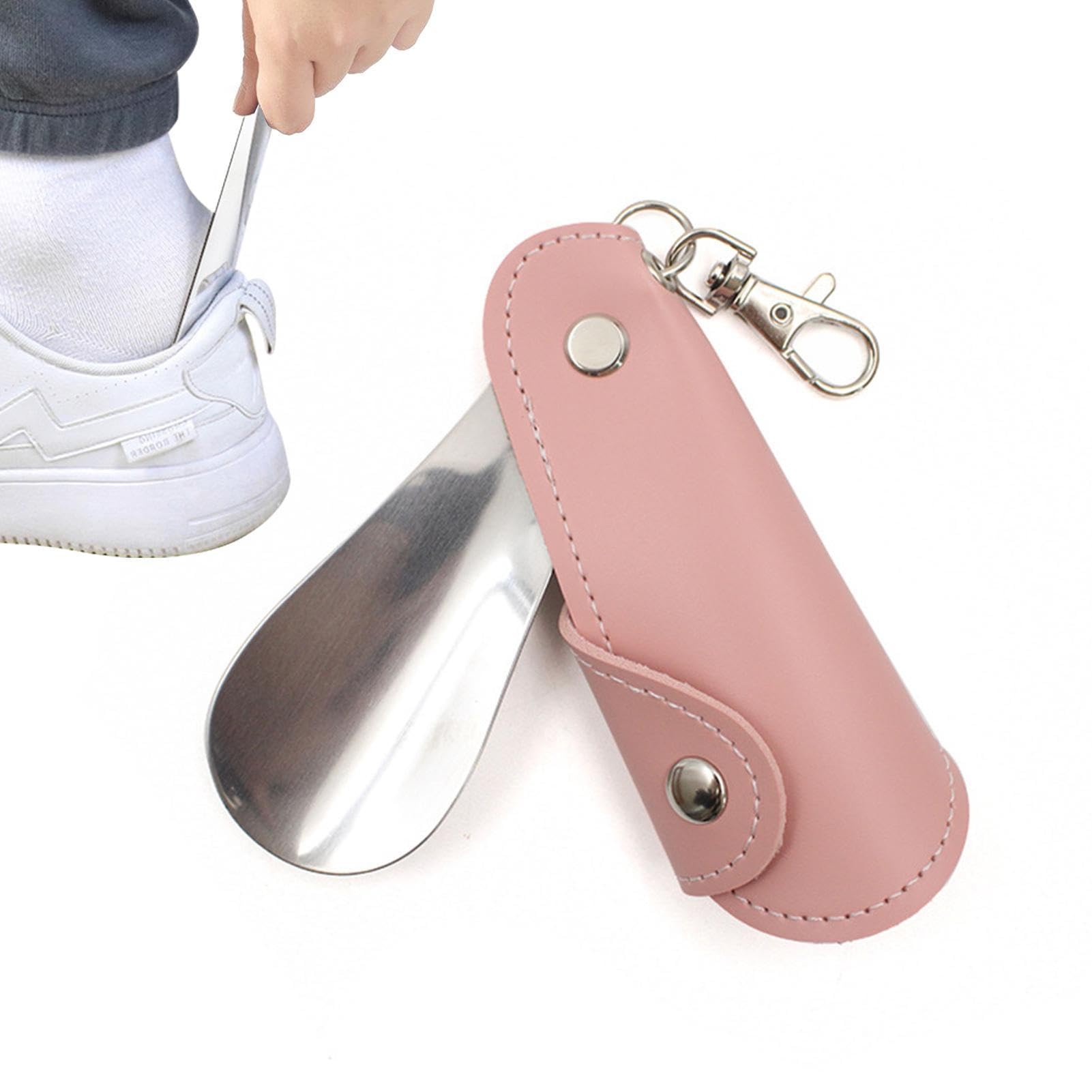 Pw Tools Men's Pink Shoe Horn Keychains, Stainless Steel Shoehorn With Pu Leather Case Keyring, Small Shoe Horn Lazy Shoe Helper, Shoe Horns For Wo The Elderly Kids