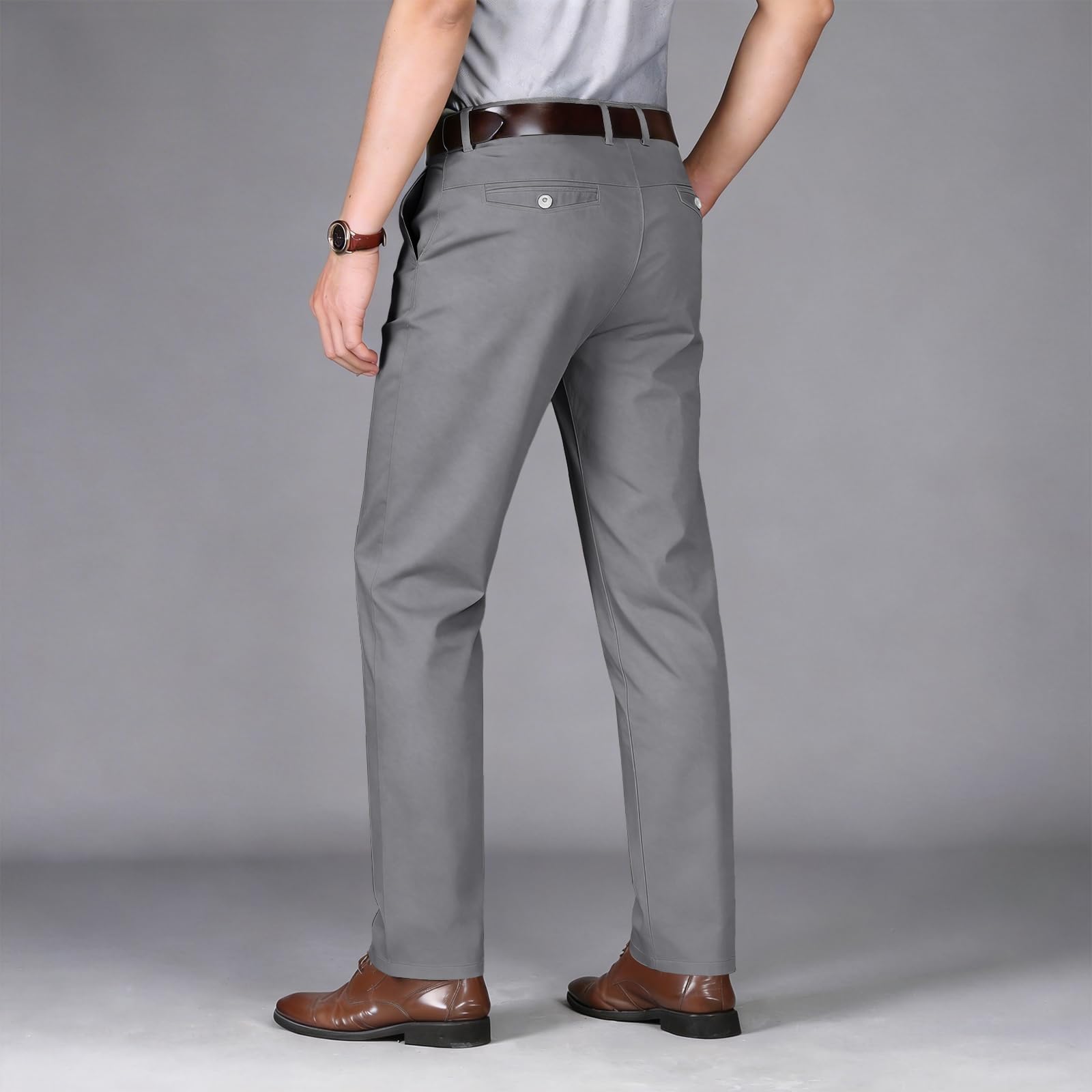 Pantalon Homme Anti-Rides 100% Coton Taille Normale Tube Droite Décontracté avec Poches