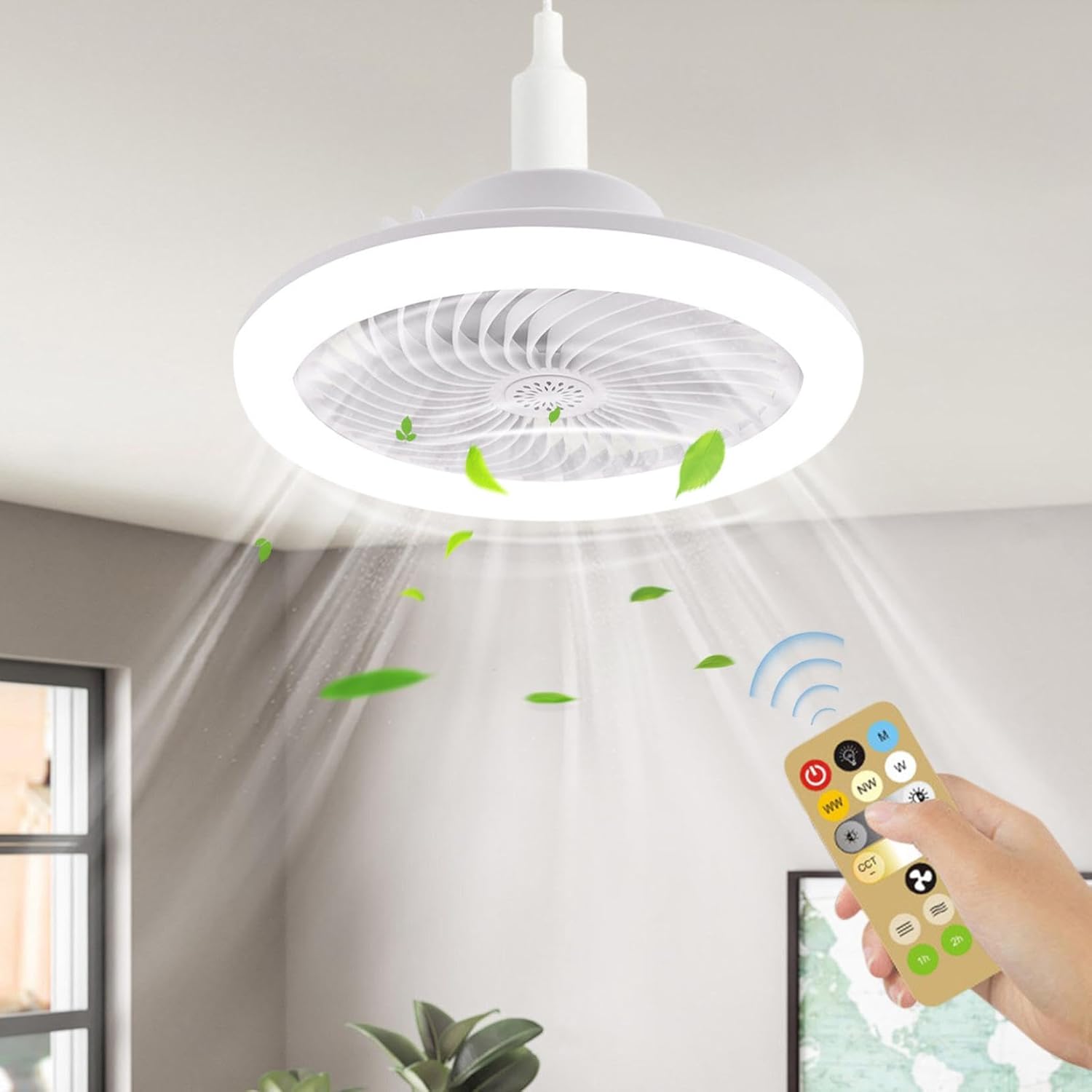 E27 50w Ceiling Fans with Lights, Enclosed Low Fan Light, Eye-Protecting Ceiling Light with Fan, Hidden Electric Fan Quiet Fan Delier Gimbal Lamp, Dimmable, with Remote Control (White) (White)