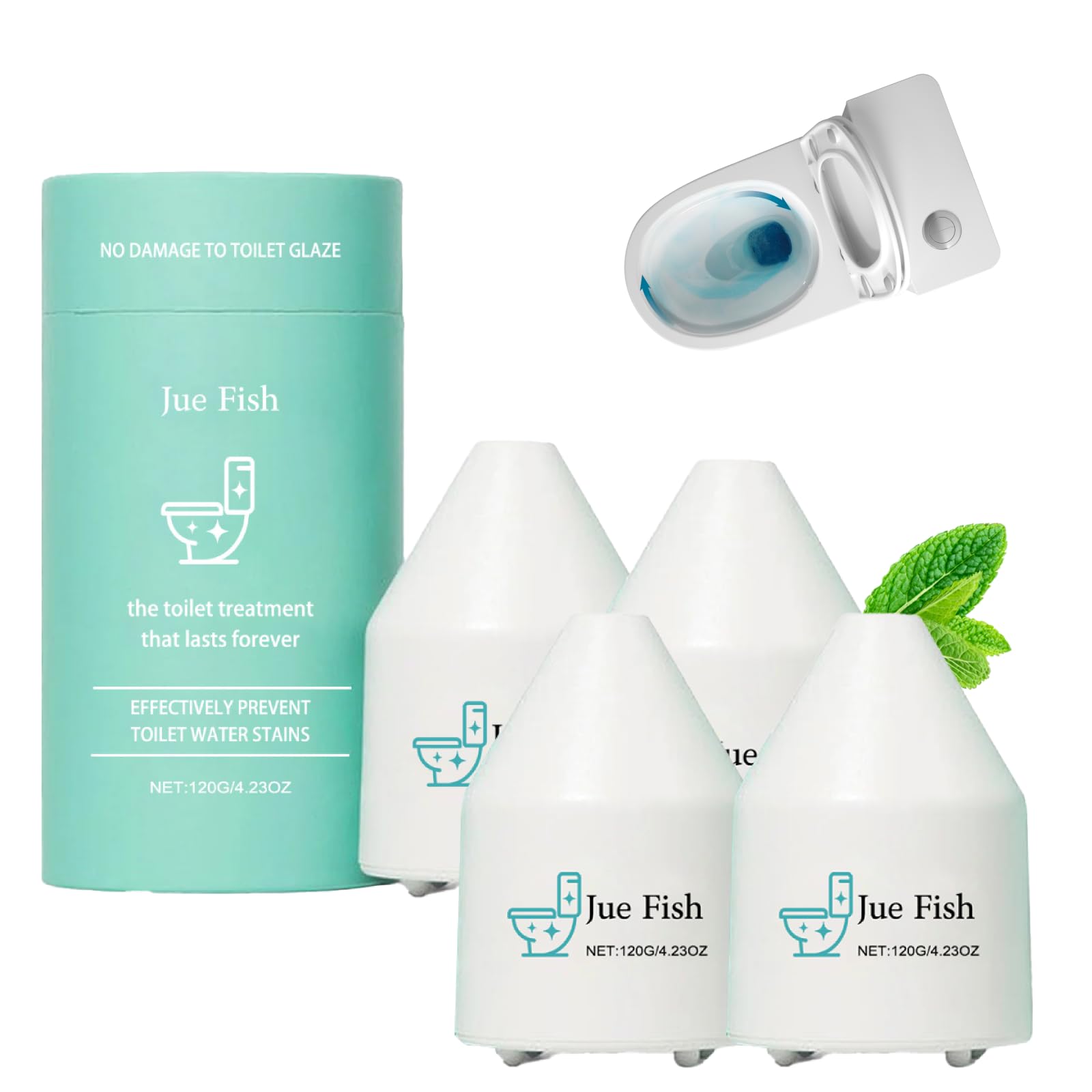 JUE FISH Automatic Toilet Cleaner Gel, Long-Lasting Toilet Bowl Cleaner Cartridge, No Scrubbing Required, Fresh Scent, Powerful Stain Remover for Hard Water Marks and Rings (4)