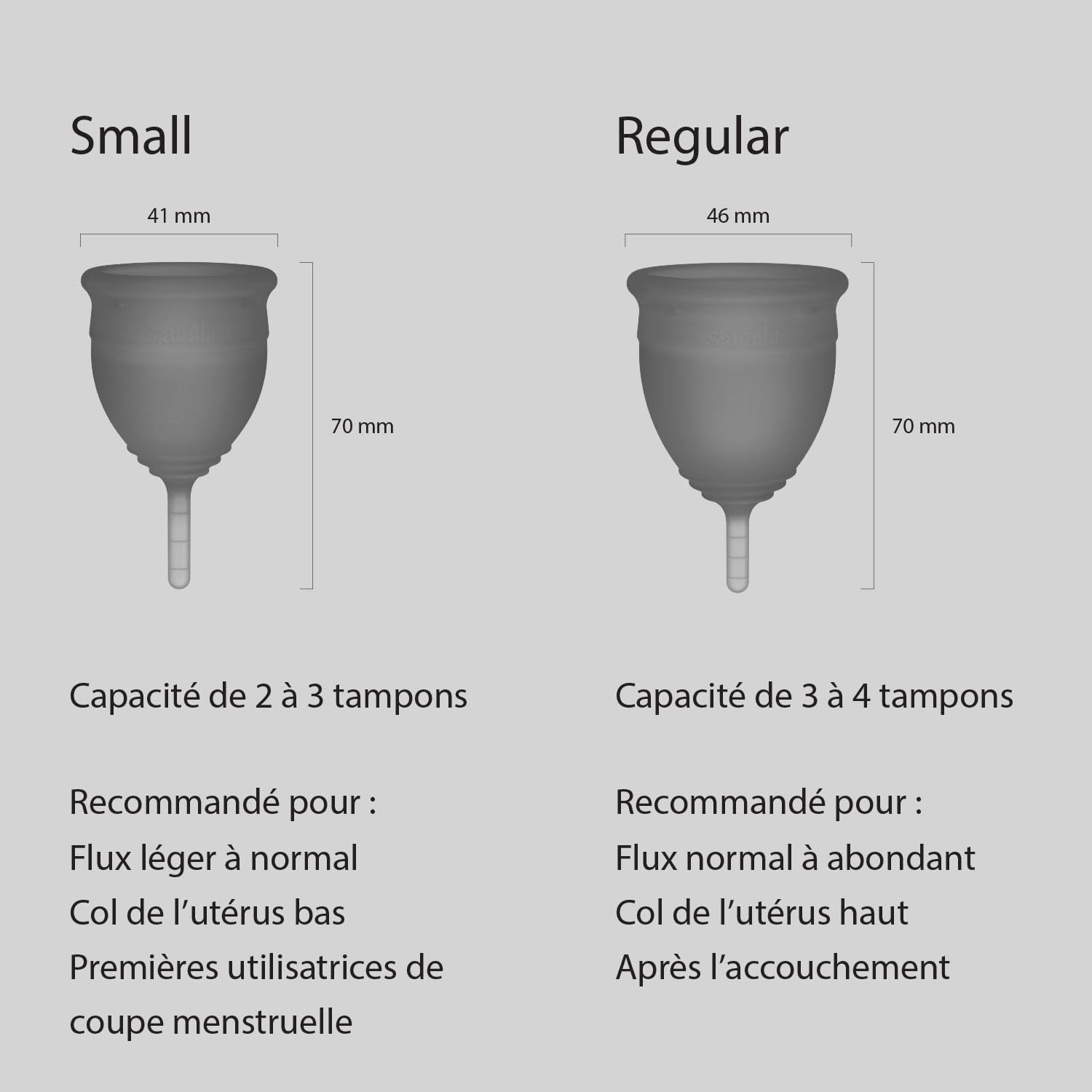 Saalt Soft Menstrual Cup – Coupe menstruelle réutilisable – Protection anti-fuites jusqu'à 12 heures – Sans BPA ni latex – Inclut une coupe et un sac de transport - taille Régulier, Gris