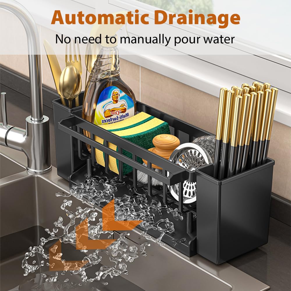 TOKPLNU Kitchen Sink Organiser with Dishcloth Hanger& Brush Holder,Soap and Sponge Holder for Kitchen Caddy Sink Tidy Storage Rack Washing Up Utensil Caddy for Bathroom,Black - Image 3