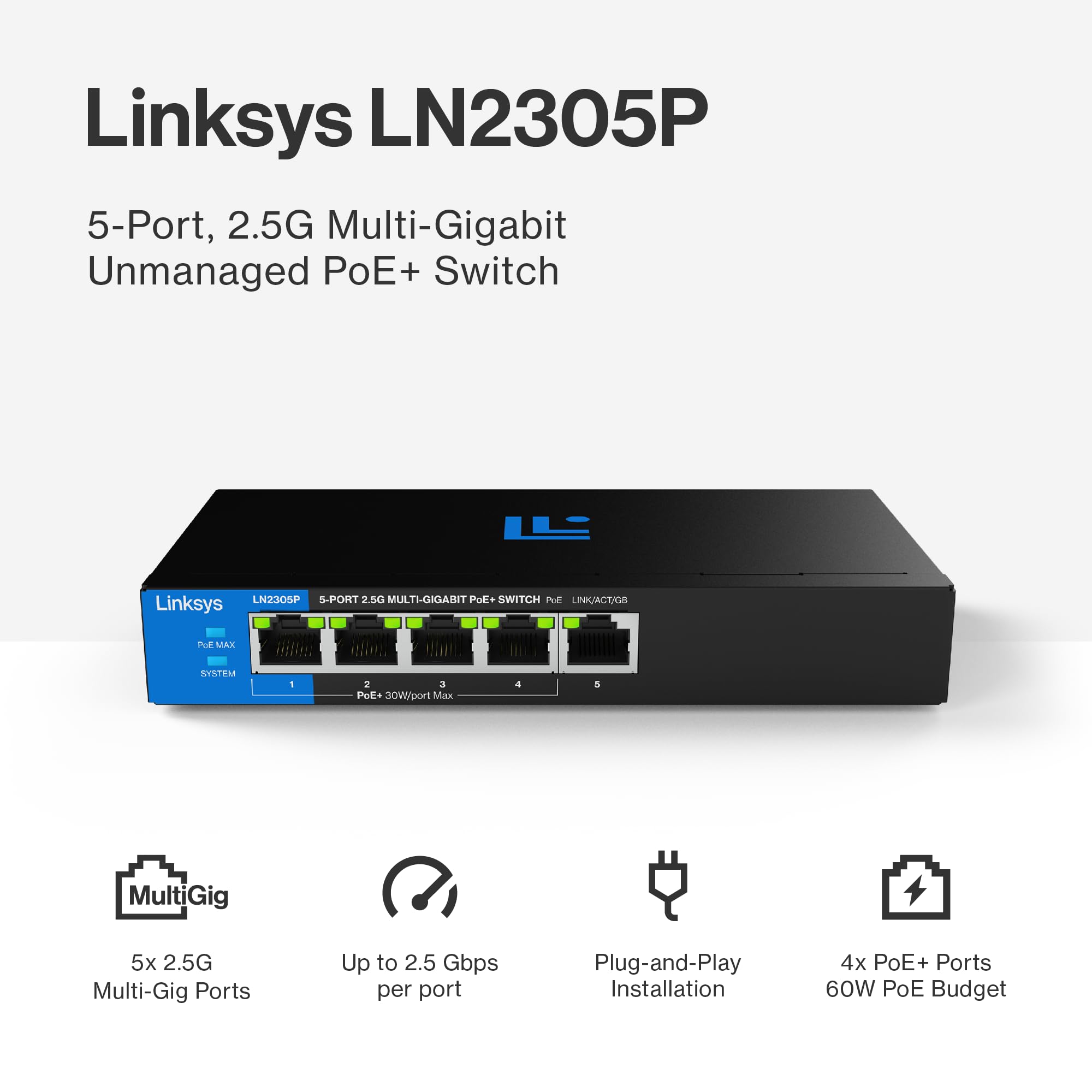 Linksys 5-Port, 2.5G Multi-Gig Unmanaged PoE+ Switch, Black - Image 2