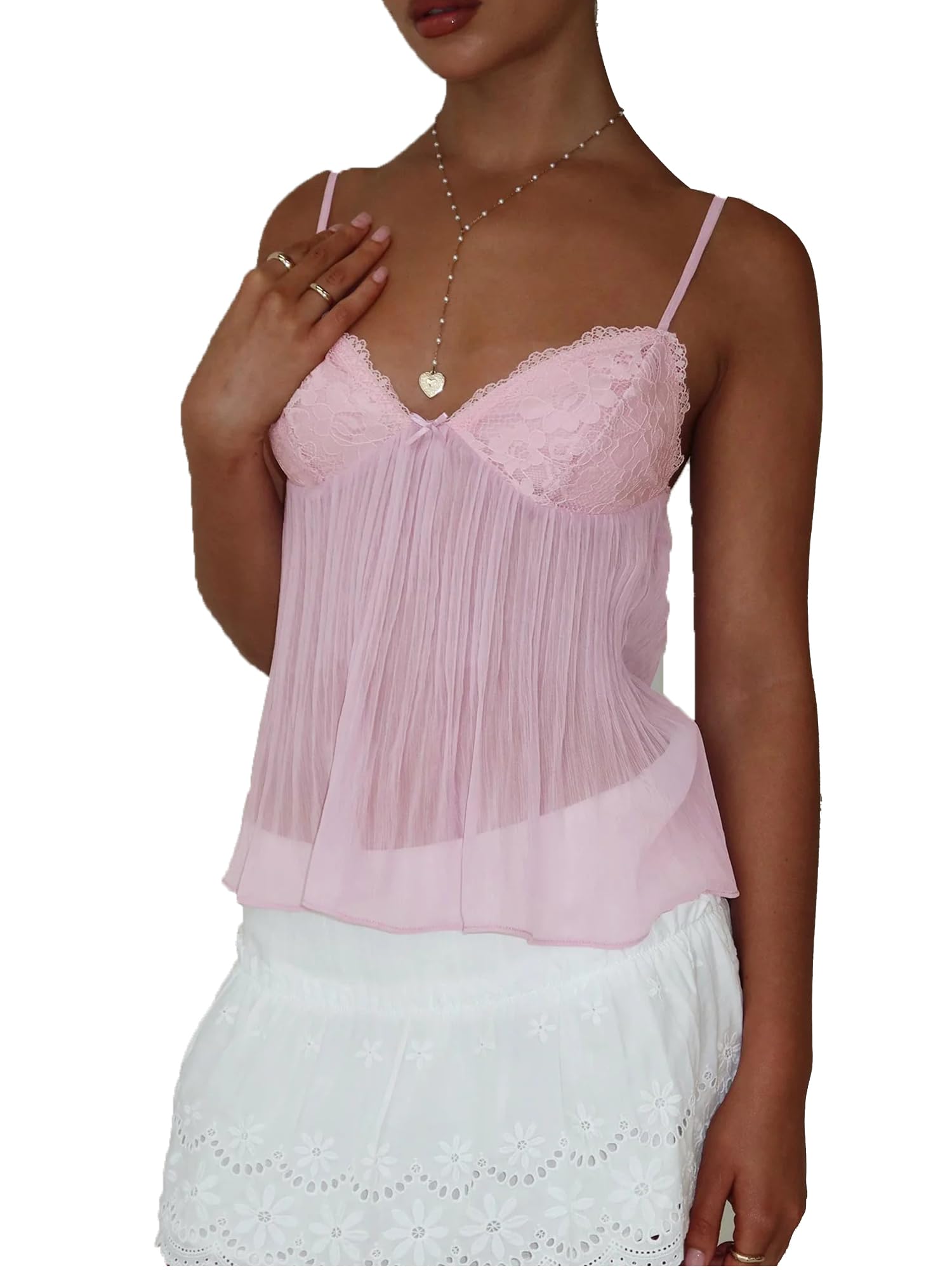 Women Spaghetti Strap Camisoles Sheer Pleated Peplum Crop Tank Tops Lace Trim V-Neck Cami Tops Sleeveless Backless Summer Vests (Pink, M)