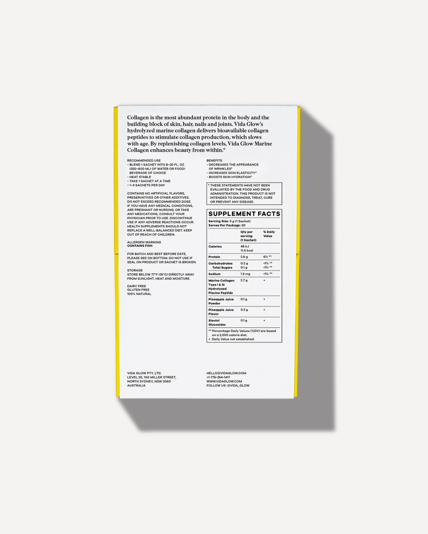 Vida Glow - Natürliche hydrolysierte Meereskollagen-Beutel | Fördert strahlende Haut + glättet feine Linien (Ananas, 30 Beutel)