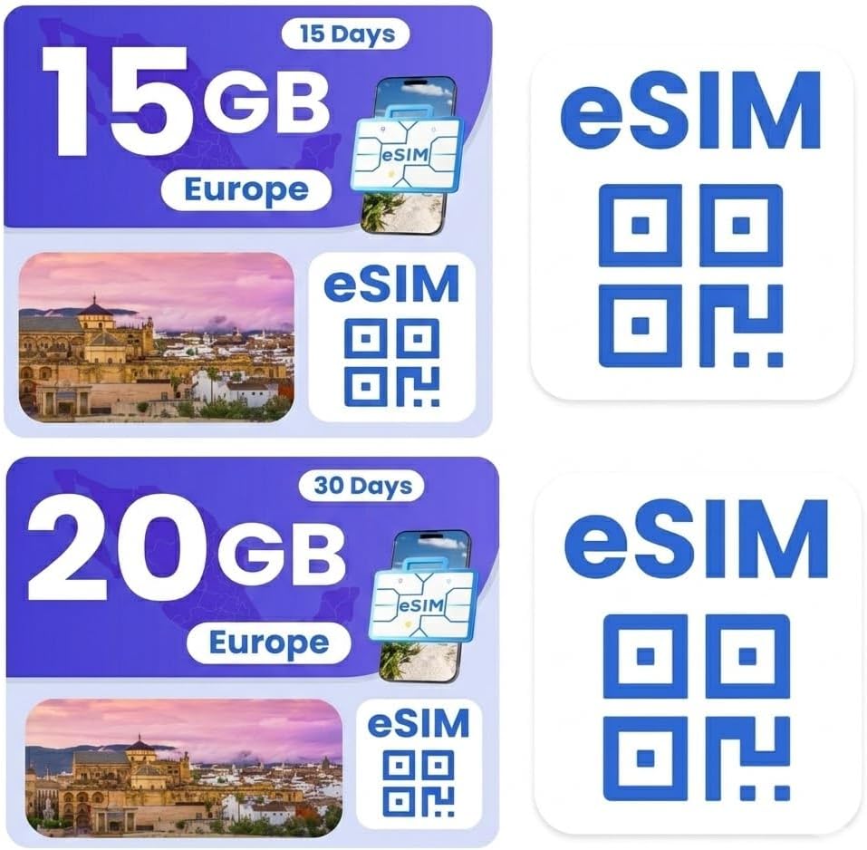 eSIM Bundle for International Travel, Europe 15GB/ 15 Days – Europe 20GB/ 30Days, 4G/5G Speed, Hotspot Supported, Instant Activation in 10 Minutes
