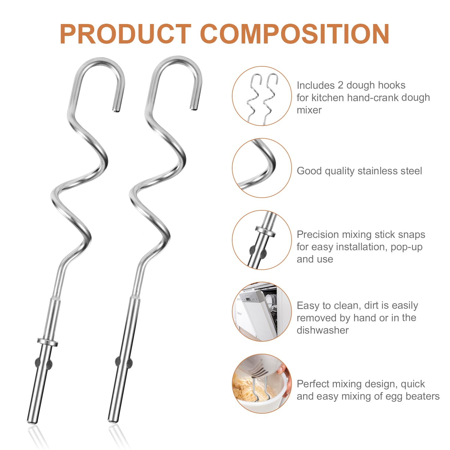 2 Stück Knethaken für KitchenAid KHM512 Handmixer, Edelstahl Geeignet für Teigknetmaschinen und Brotbacken Kompatibel mit KitchenAid KHM 5KSM, KSM, KSMO und KSMH