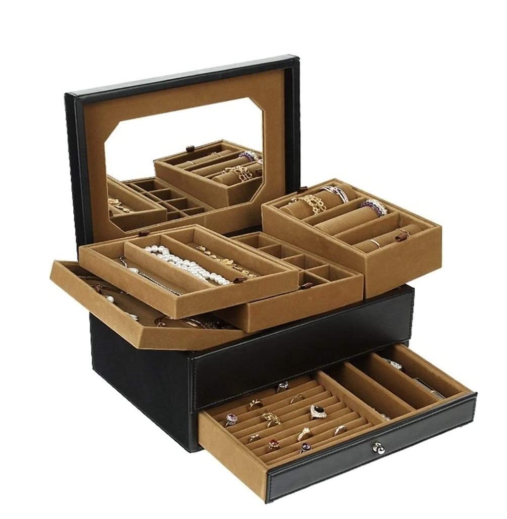 Jewelry Organizer Jewelry Box PU Leather Jewelry Organizer Box with Mirror and 3 Removable Rolls Rhombus Design Jewelry