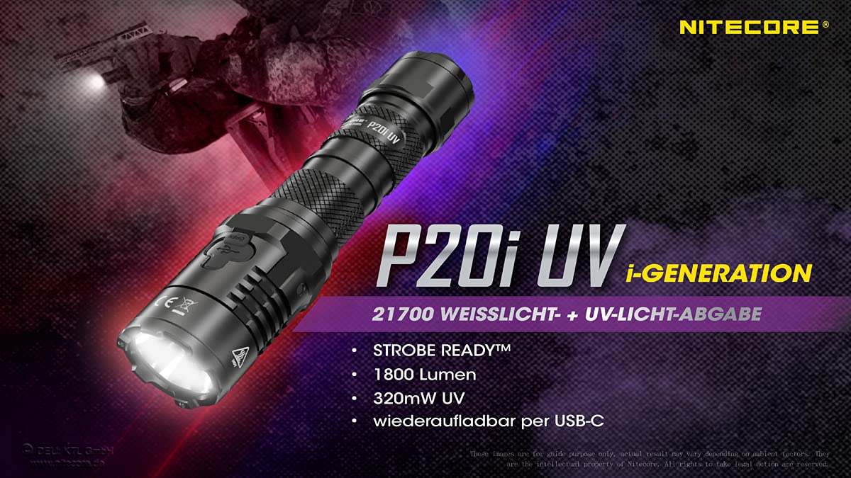 NITECORE Taschenlampe P20i UV - Taktische Akku-Taschenlampe mit 1.800 Lumen & UV-Licht - USB-C aufladbar - 337 Meter Leuchtweite