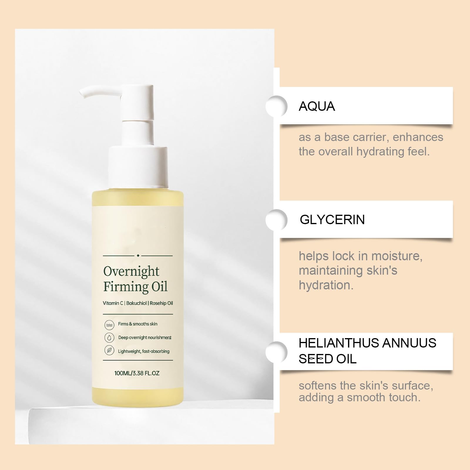 Overnight Firming Face Oil für Frauen, feuchtigkeitsspendende Gesichtsflüssigkeit für trockene Haut, Teint-Elixier feuchtigkeitsspendend, Vitamin C Bakuchiol und Hagebuttenöl, Night Time (9PCS)