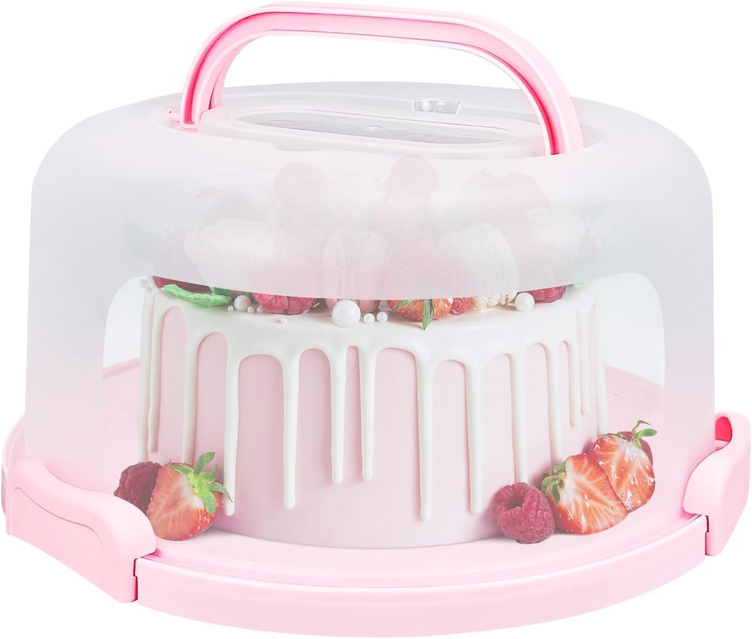 VERAT Cake Carrier with Lid and Handle/Cake Containers/Cake Holder for 11 inch/Cake with 3 Handles Cupcake Carrier/Cake Boxe Packing/Plastic Cover Three Sided Base/Round Storage Carrier(Pink)