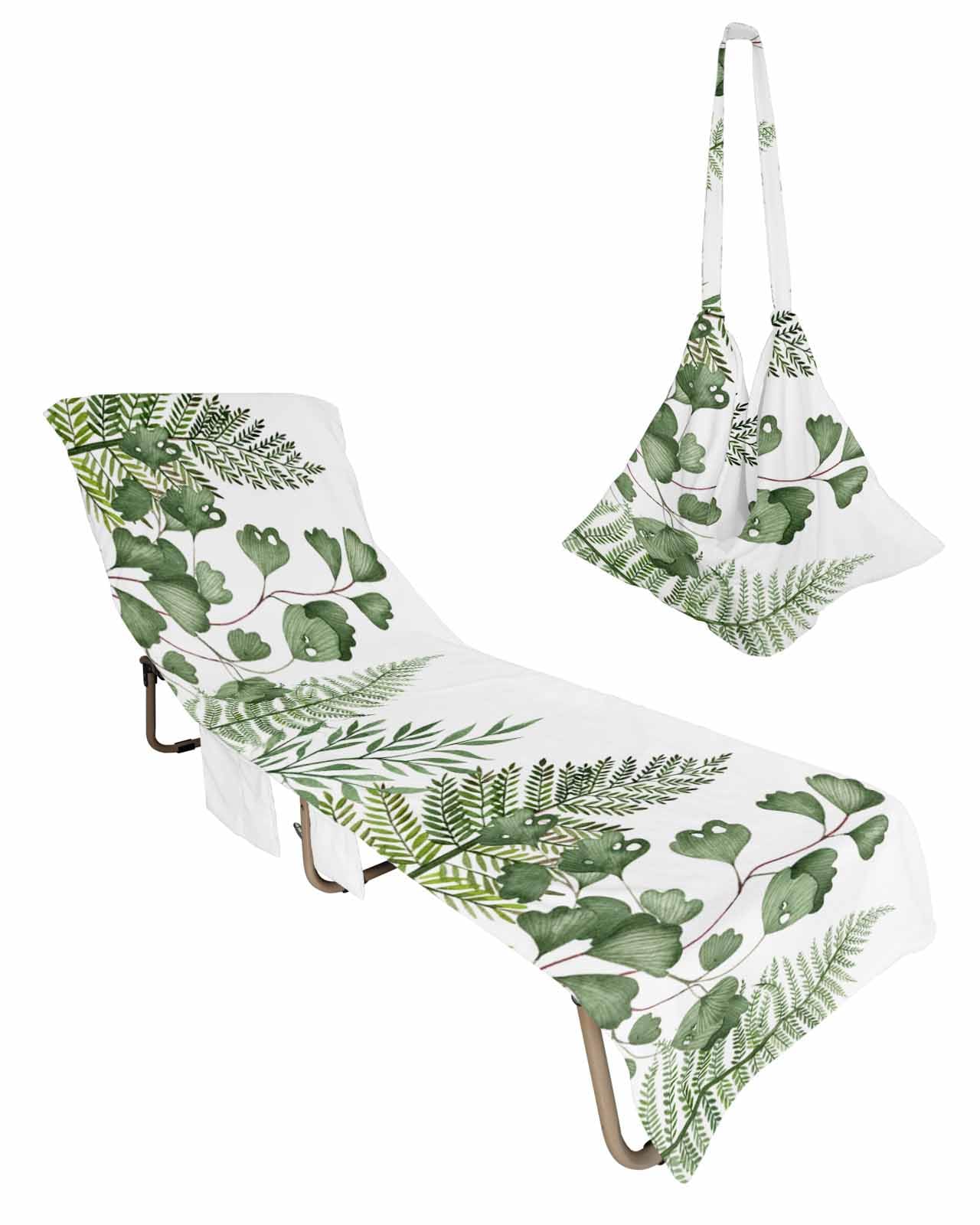 Green Botanical Beach Lounge Chair Towel Cover, Soft Chaise Lounge Towel with Side Pockets Patio Pool Chairs Cover for Beach/Pool Sunbathing 29x85 Watercolor Summer Pastoral Plants