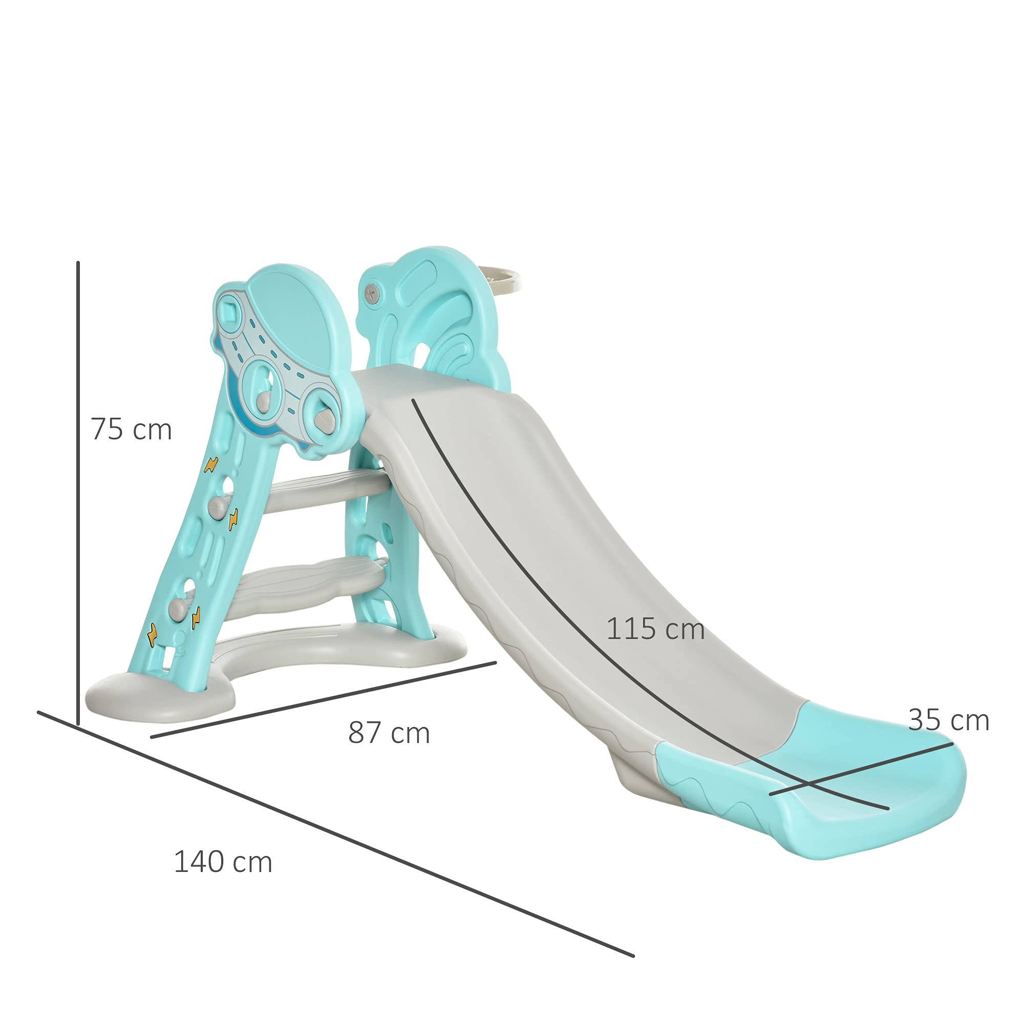 HOMCOM Scivolo per Bambini da 18 Mesi Pieghevole con 3 Scalini e Canestro Basket, Scivolo da Interno ed Esterno, 140x87x75cm, Blu e Grigio