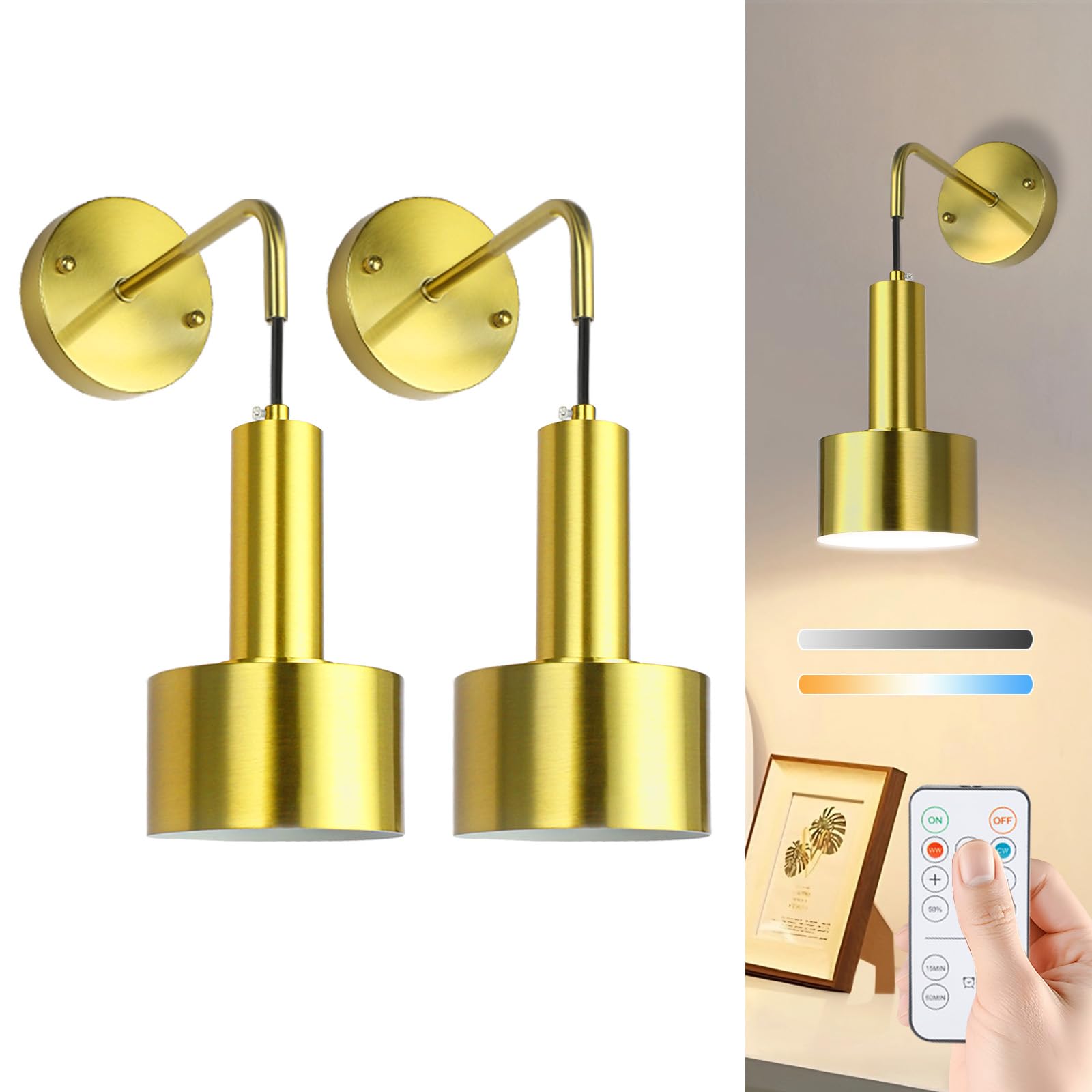Fynokst Gold Battery Operated Wall Sconce Set, 2 Pack Battery Wall Lights Indoor Dimmable Wireless Lights With Removable Led Bulb Bedside Wall Lights Sconces Wall Decor For Bedroom Living Room Hallway