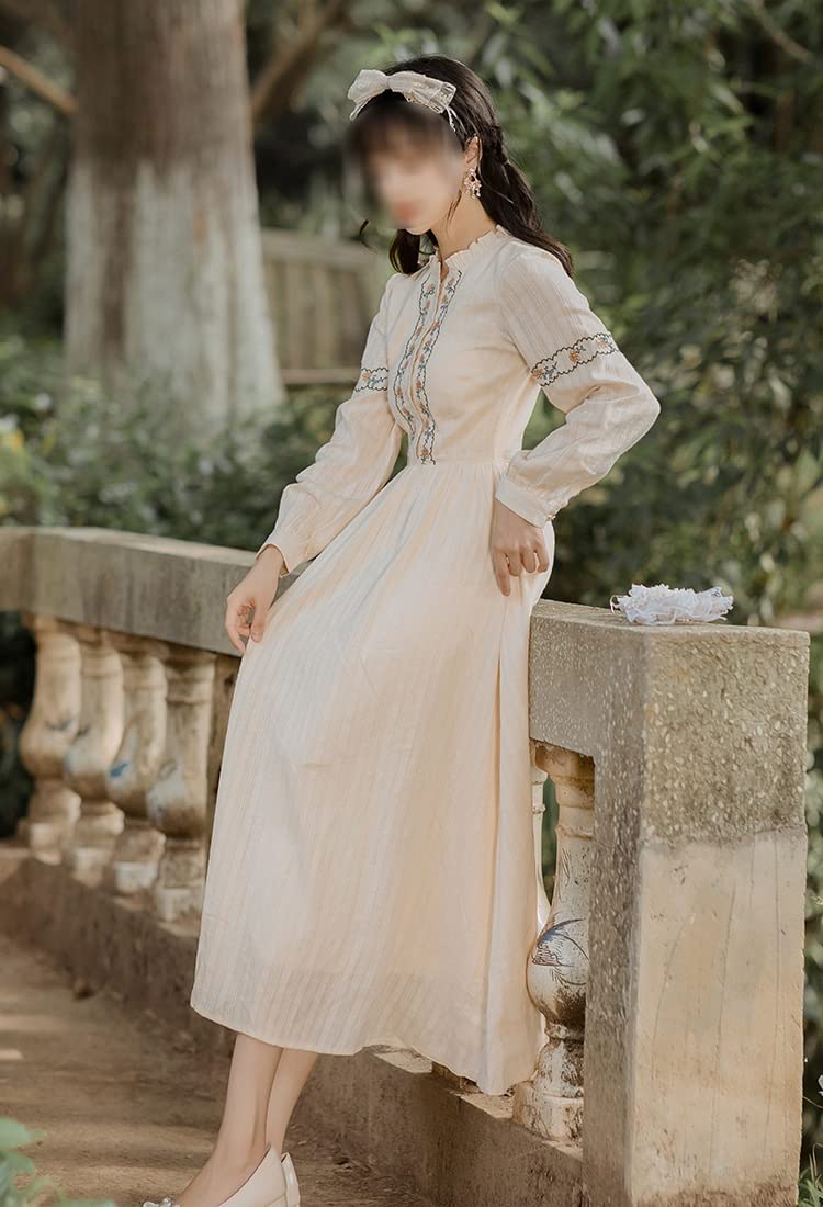 SDFGH French Style Vintage Long Sleeve Embroidered Dress Mid Length Foreign  Style (Color : Beige, Size : S) : Amazon.co.uk: Fashion