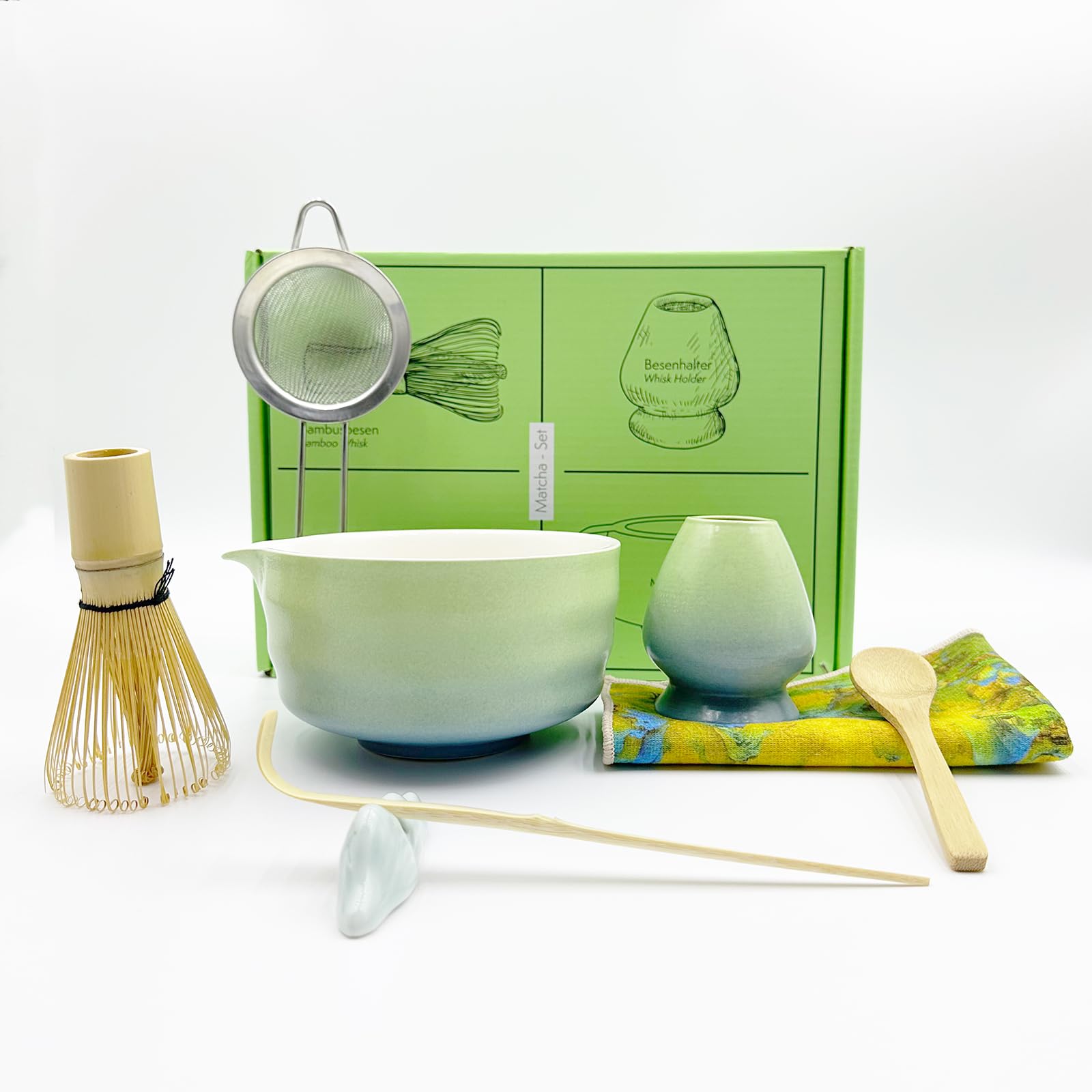 8 Pcs Gradient Green Matcha Kit - Matcha Whisk Set and Bowl, Matcha Making Kit Whisk, Bowl With Spout, Powder Starter Sifter, Ceramic Whisk Holder, Spoon Japanese Tea Tools For Ceremony Gift