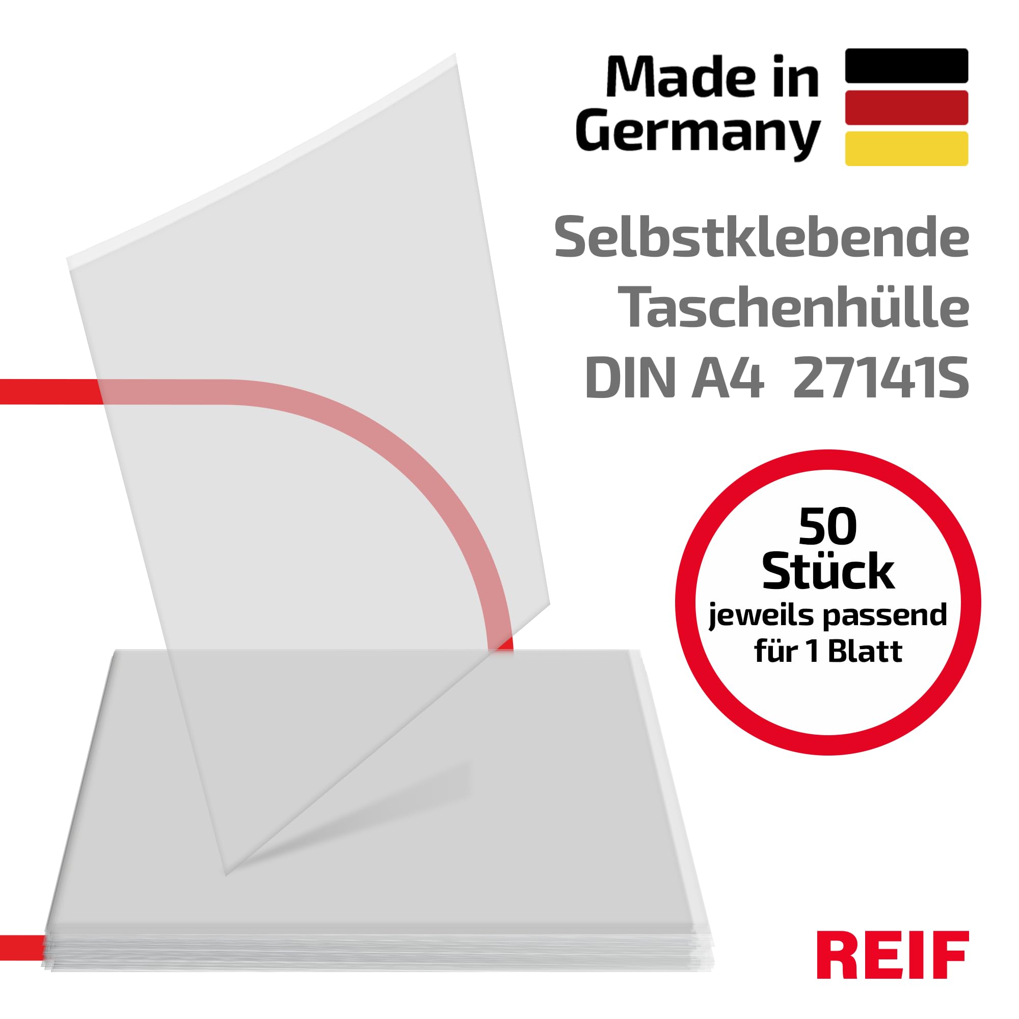 50 Stück Taschenhülle selbstklebend DIN A4 hoch, Vinyl-Weichfolie glasklar 0,140 mm, Selbstklebetaschen transparent, Made in Germany