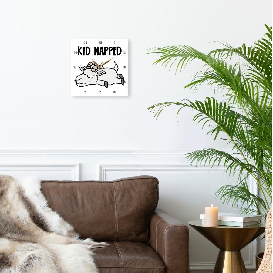 3dRose Wall Clock Silent - 15 inch - Funny Cute Sleeping Baby Goat Pun says Kid napped - Funny