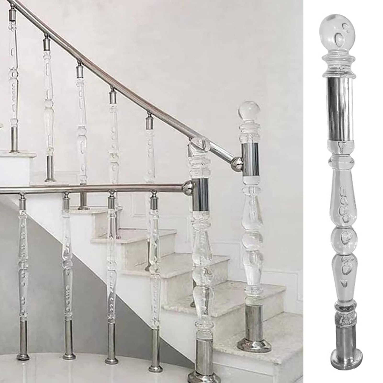 YNBSHGAA Clear Acrylic Newel Post for Staircase Deck Railing Modern Transparent Crystal Cap Finial Stair Balusters Column Post with Metal Base for Stair Interior Exterior Silver 125cm/49.2in