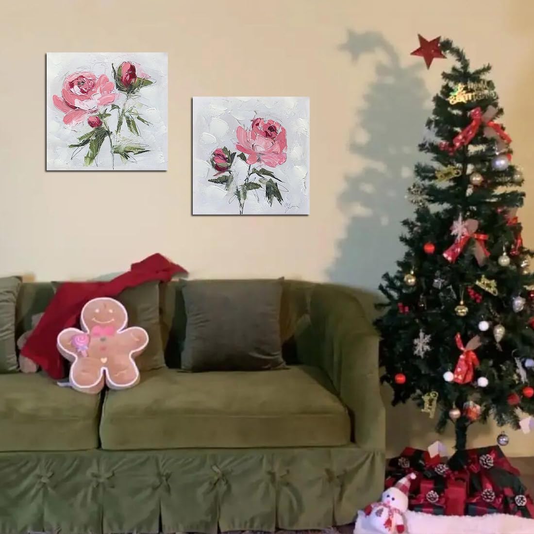 Enartly Flowers Pictures Wall Decor Rose Wall Art Pink Floral Canvas Textured Painting Abstract Prints Artwork Framed for Bathroom Living Room Bedroom Kitchen Office Home Decor 14"x14"x2