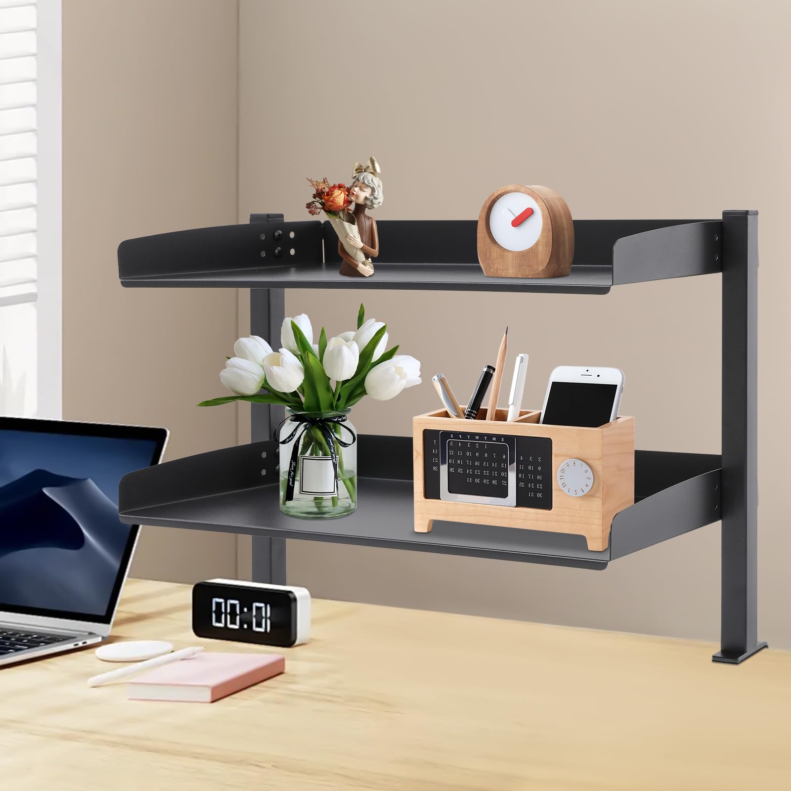 Étagère de bureau à pince à 2 étages - Étagère de bureau à pince - Noire - 44 x 22 x 39 cm