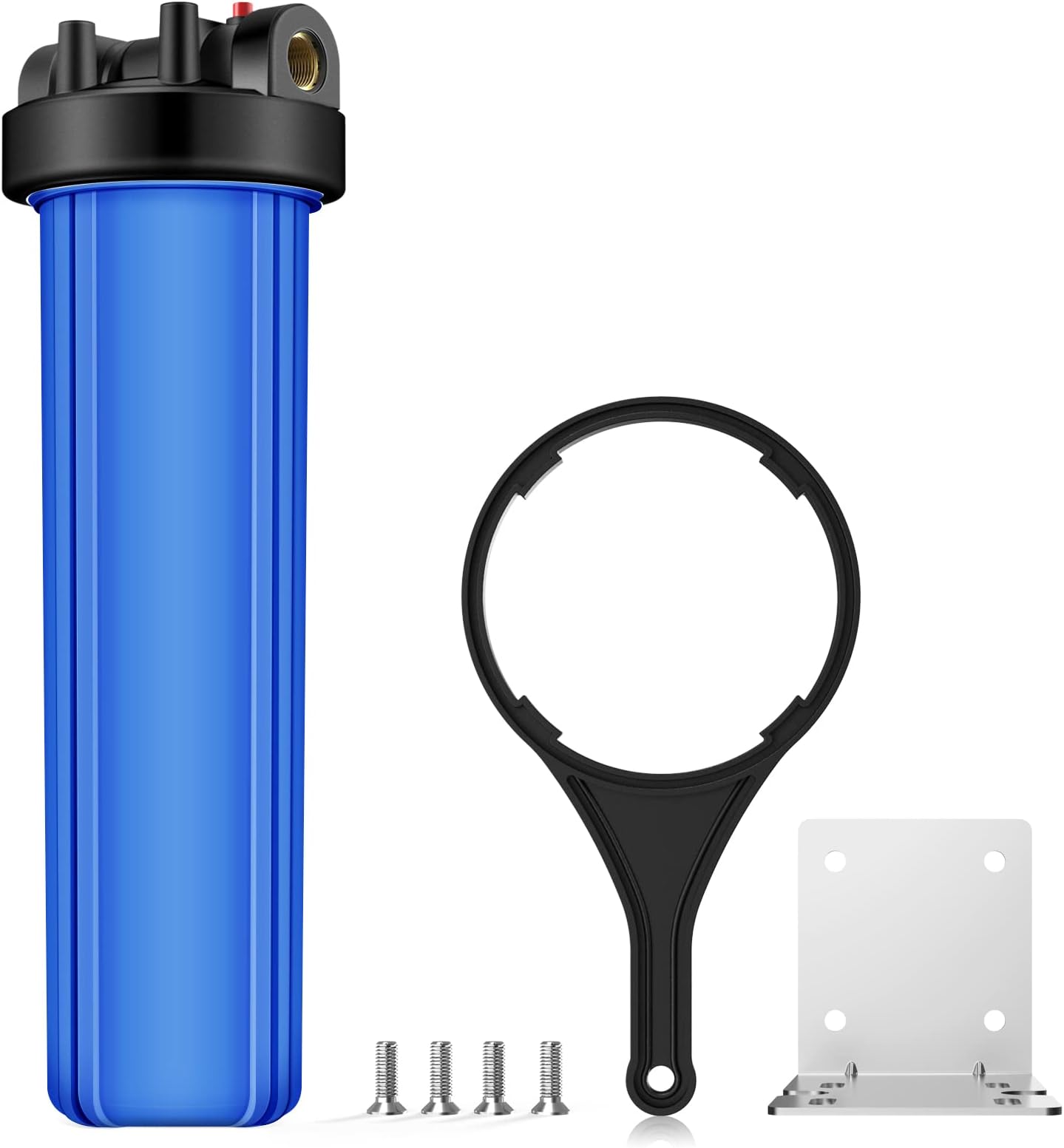 SimPure Upgrade Whole House Water Filter Housing, Universal 20-inch Inline Sediment Filter Big Blue Housing 4.5" x 20", 1-inch NPT Inlet Outlet, Heavy Duty Steel Mounting Bracket, 4 Screws, Wrench