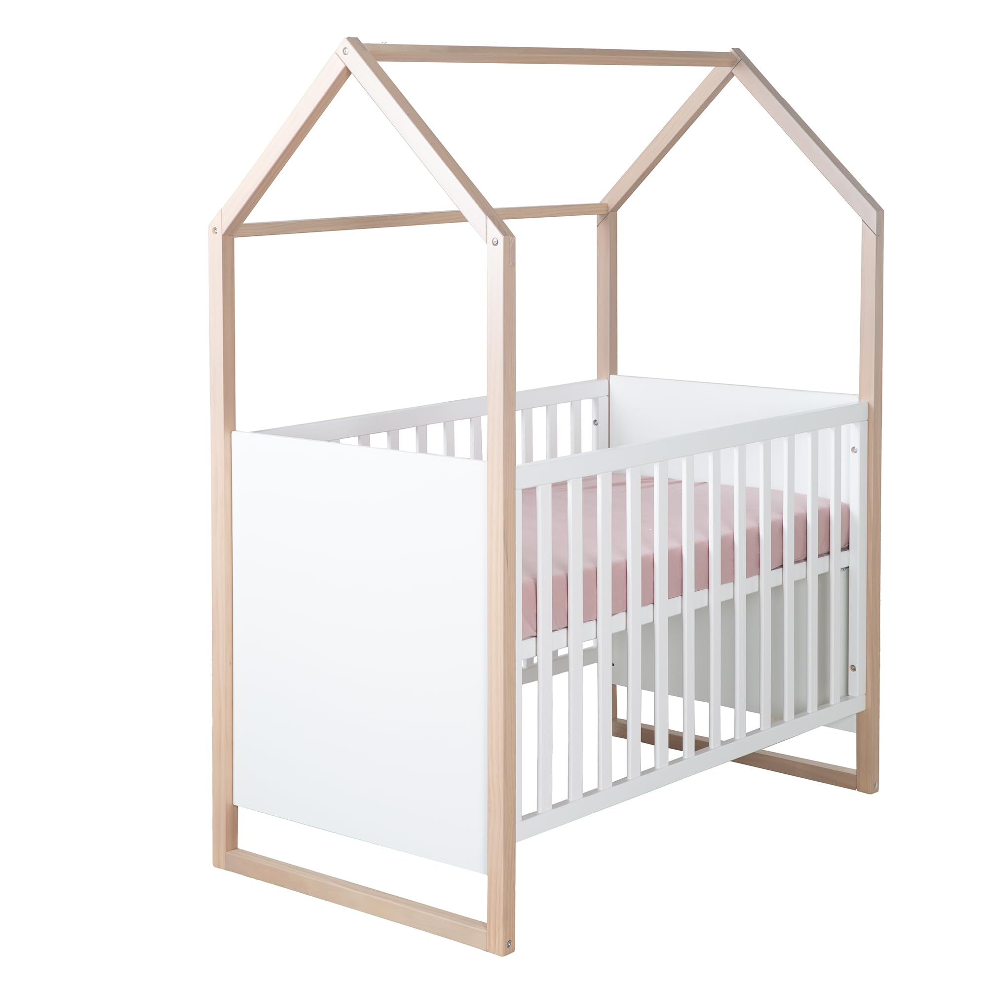 roba 2in1 Baby- & Beistellbett Cabane in Hausoptik - 60 x 120 cm - 6-fach Höhenverstellbar - 5 herausnehmbare Sprossen - Bicolor - Holz natur + Weiß