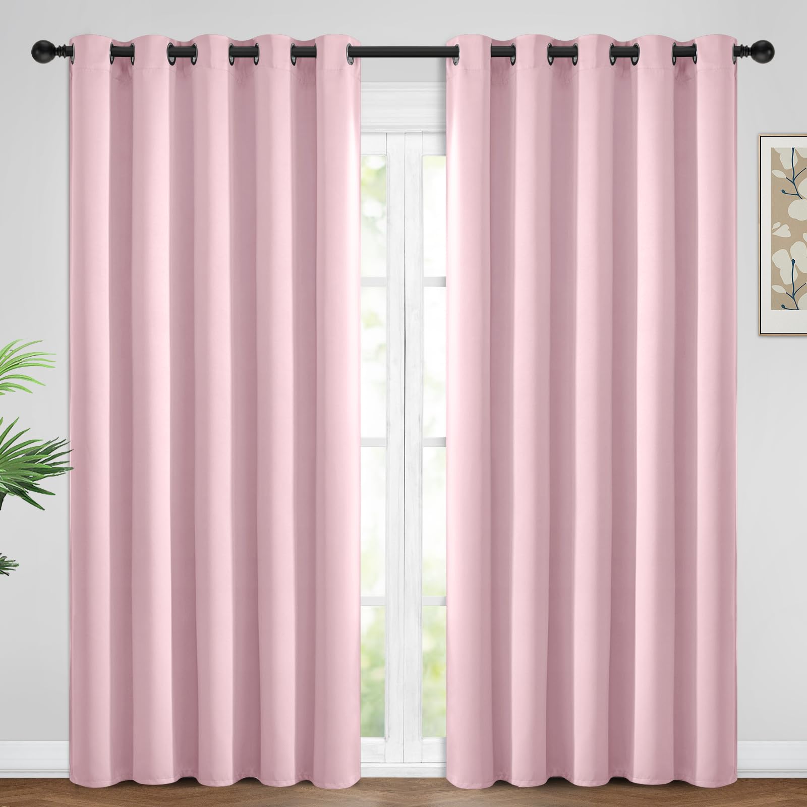 Yakamok Light Blocking Window Blackout Curtains Thermal Insulated Room Darkening Drapes for Bedroom,Solid Grommet Top Window Panels, 62x84 Inch, Pink, One Pair — image 1