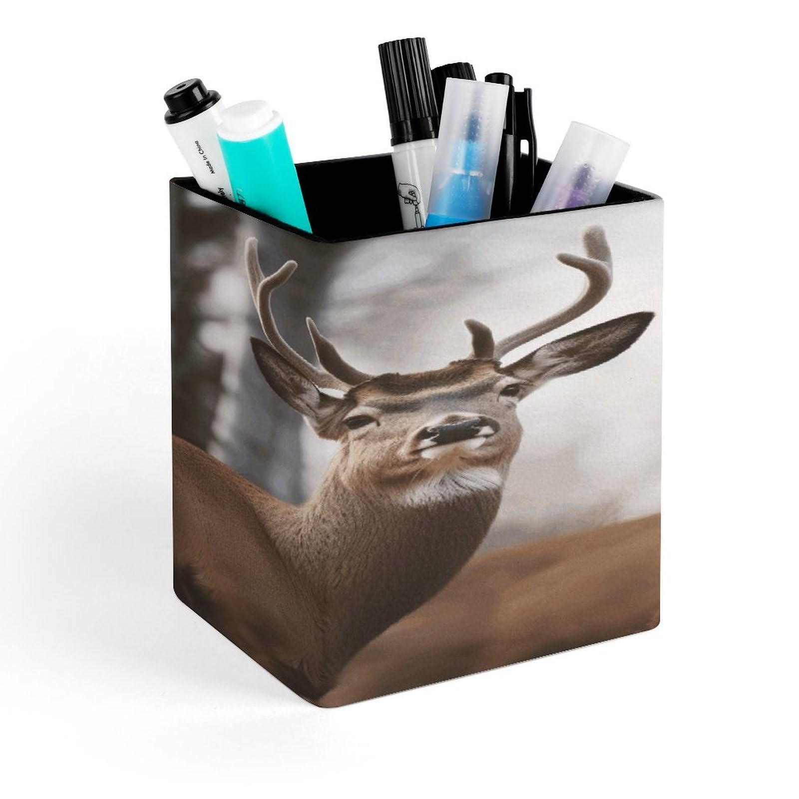 FekiLoot Deer Pencil Holder for Desk Square Leather Pen Holder Cup Desktop Organizer Multi-Functional Pencil Cup Holders Modern Decorative Desk Organizer Caddy Makeup Brush Holders
