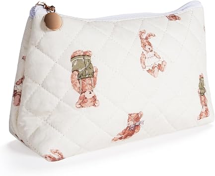 Quilted Cotton Makeup Bag, Coquette Quilted Toiletry Bag for Women and Girls, Floral Coquette Pouch, Cute Kawaii Travel Cosmetic Bags Bear and Rabbit