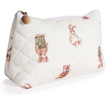Quilted Cotton Makeup Bag, Coquette Quilted Toiletry Bag for Women and Girls, Floral Coquette Pouch, Cute Kawaii Travel Cosmetic Bags Bear and Rabbit