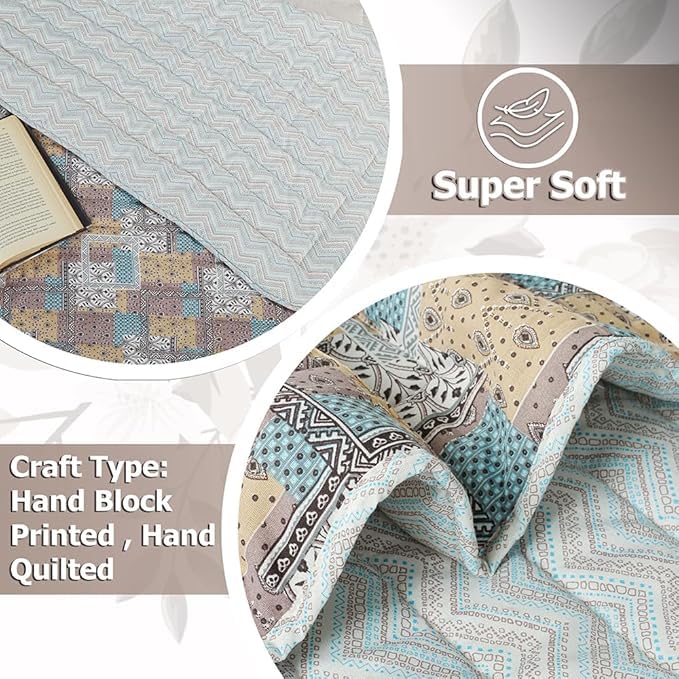 Image of SANMARINO Jaipuri Razai Single Bed Reversible Cotton Quilt | Traditional Ethnic Floral Print Dohar | Lightweight AC Comforter with Pure Cotton Filling | All-Season Blanket (Earthy Pastel Patchwork)