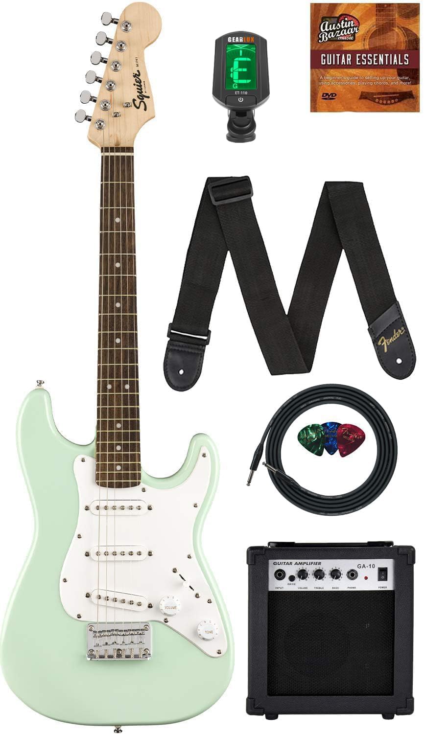 Fender Squier 3/4-Size Kids Mini Strat Electric Guitar - Surf Green Bundle with Amplifier, Instrument Cable, Tuner, Strap, Picks, Online Lessons, and Austin Bazaar Instructional DVD