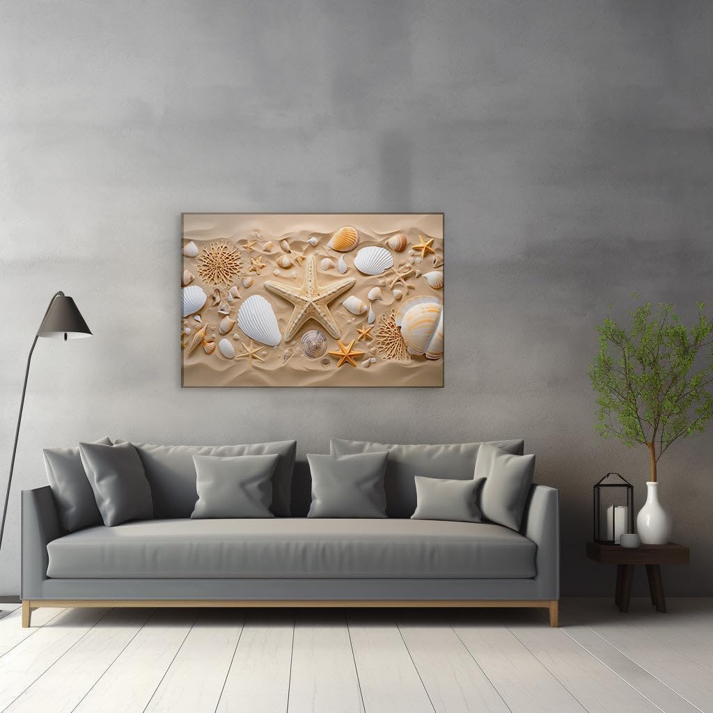Canvas for Living room. Shells and Starfish Scatter Serenity on Sandy Shores, 27 x 18 inch Canvas Wall Art - Great White Shark - Nature Home Decor