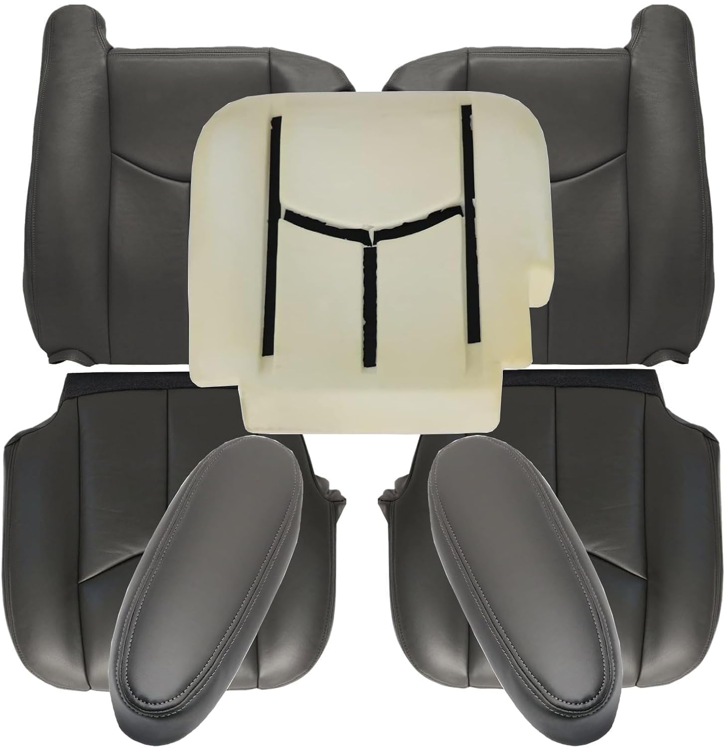GXARTS Driver and Passenger Bottom & Top Lean Back Leather Seat Cover & Driver Foam & Armrest Cover Dark Gray 692/69i Fit for Chevy Silverado Avalanche Tahoe Suburban GMC Sierra Yukon XL 2003-2006
