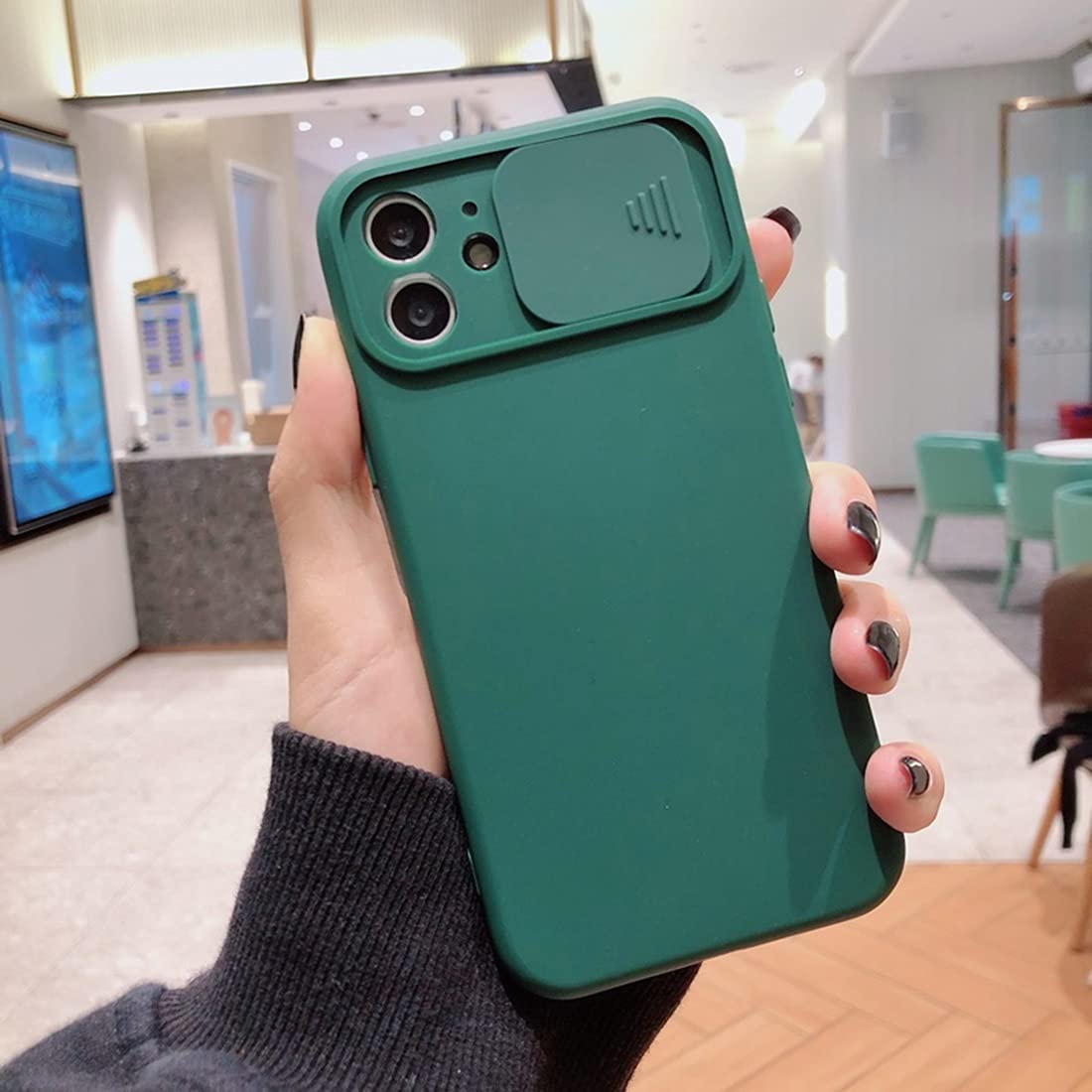 Phone Case Camera Lens Protection Liquid Silicone Case on For iPhone 11 12 Pro Max Xr Xs Max X Xs 12 Lens push and Pull Cover new (Color : Drak Green, Material : On iphone XS MAX)