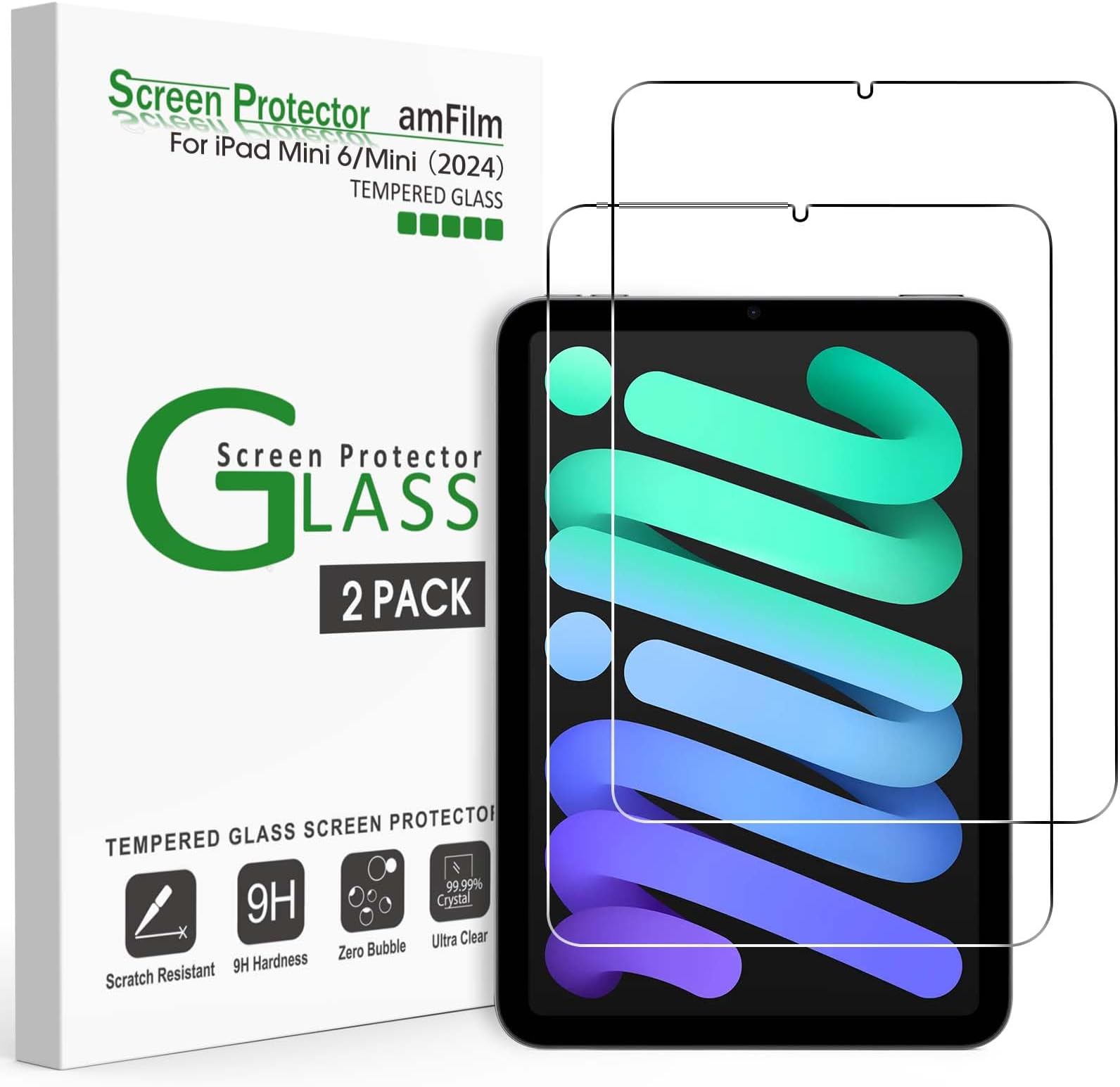 Screen Protector for iPad mini 7 (2024, 7th Gen) /iPad Mini 6 (2021, 6th Gen), 8.3-Inch Apple Pencil 2nd Compatible 9H Tempered Glass Film, 2 Pack