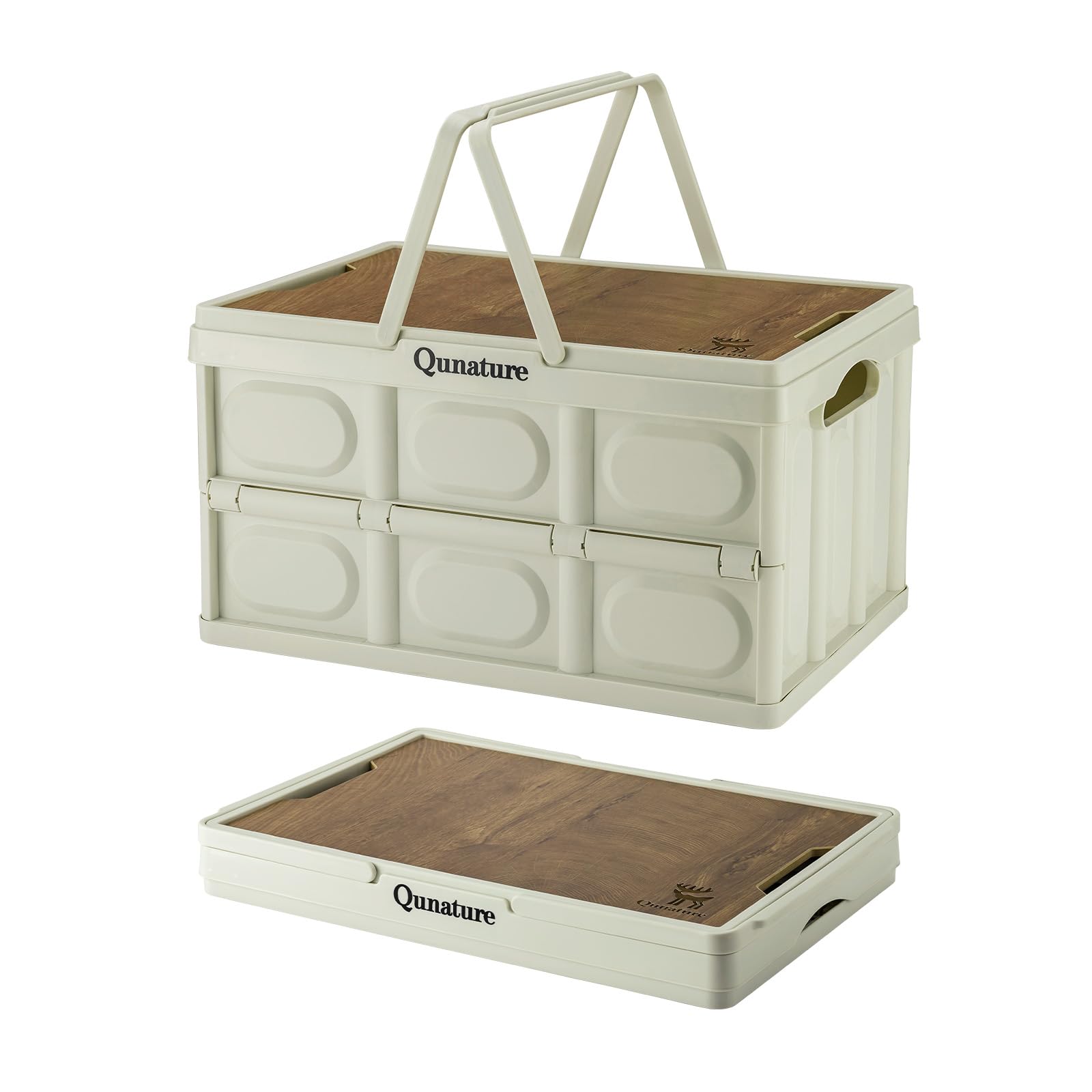 Scatola Portaoggetti da Campeggio 55L Pieghevole e Impilabile | Con Copertura in Legno, con Manico, Grande Contenitore Portatile in PP, Organizer per Bagagliaio Auto, Armadio, Casa, Picnic